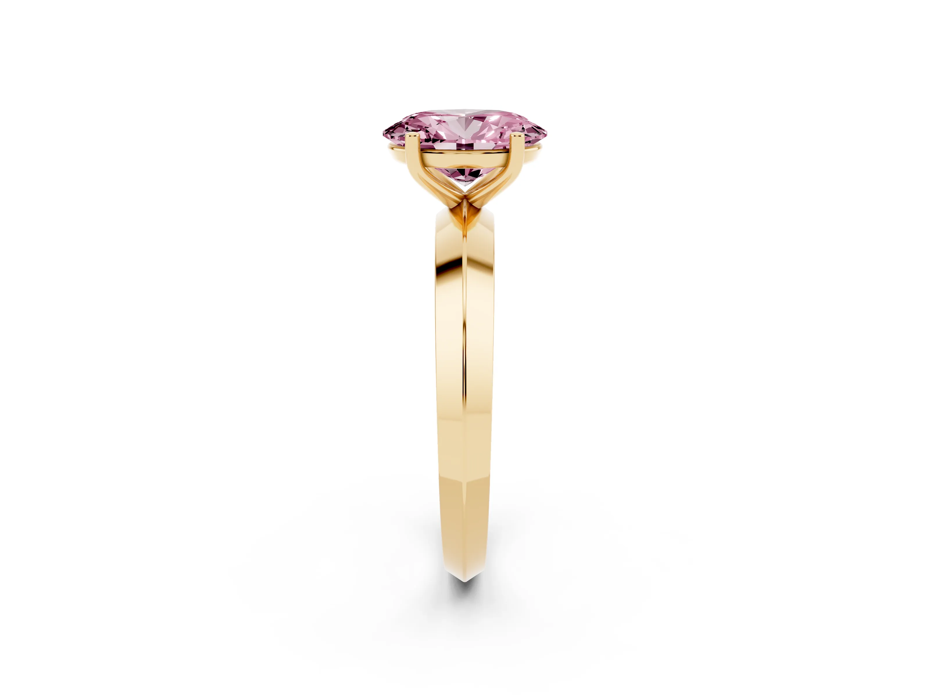 Fancy Pink Oval Cut Diamond Solitaire Engagement Ring Set in Yellow gold with Flat Band and Prong Setting