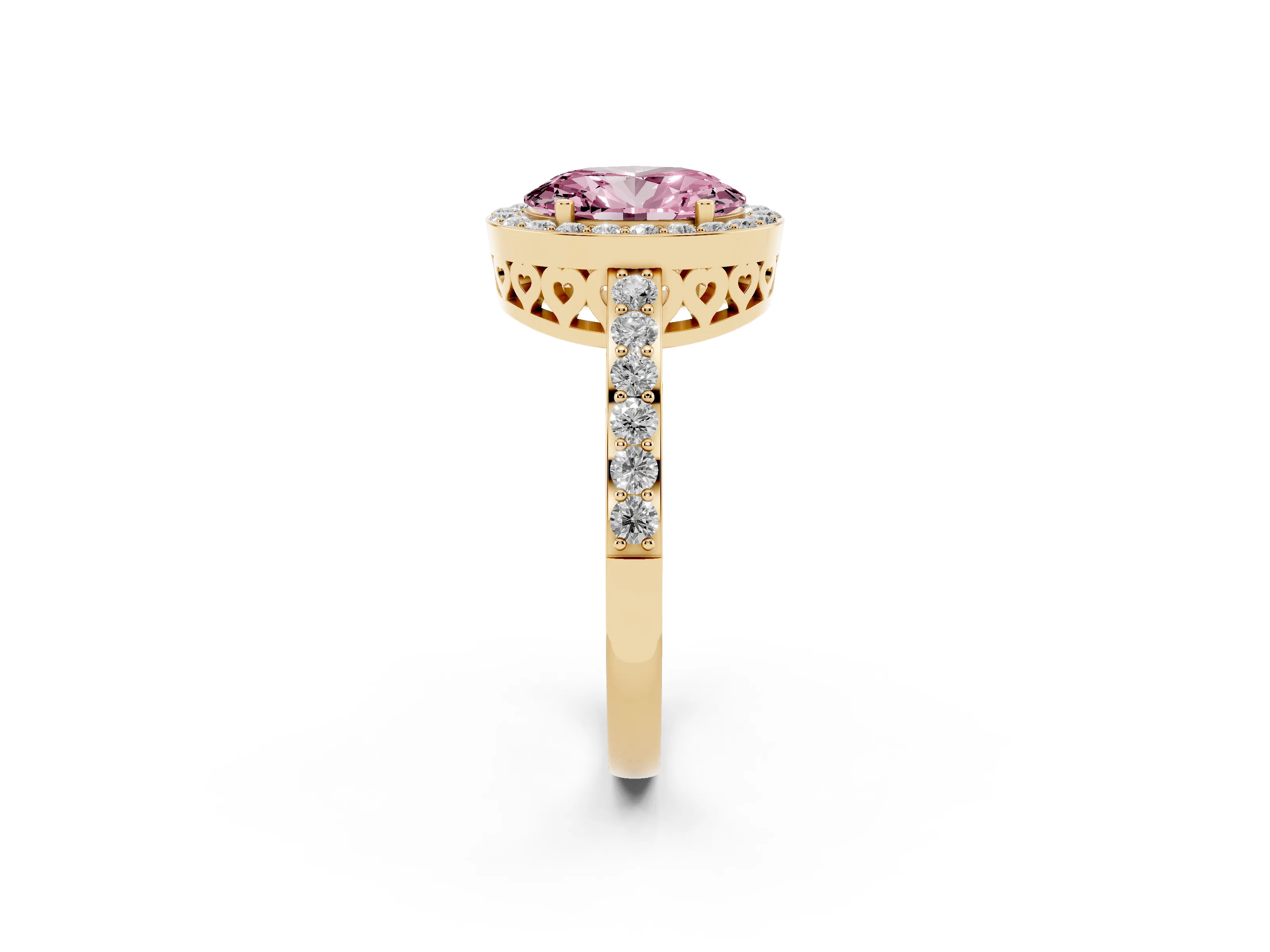 Fancy Pink Oval Cut Diamond Halo Ring Set in Yellow gold with Pavé-Setting Band and Open Prong Center