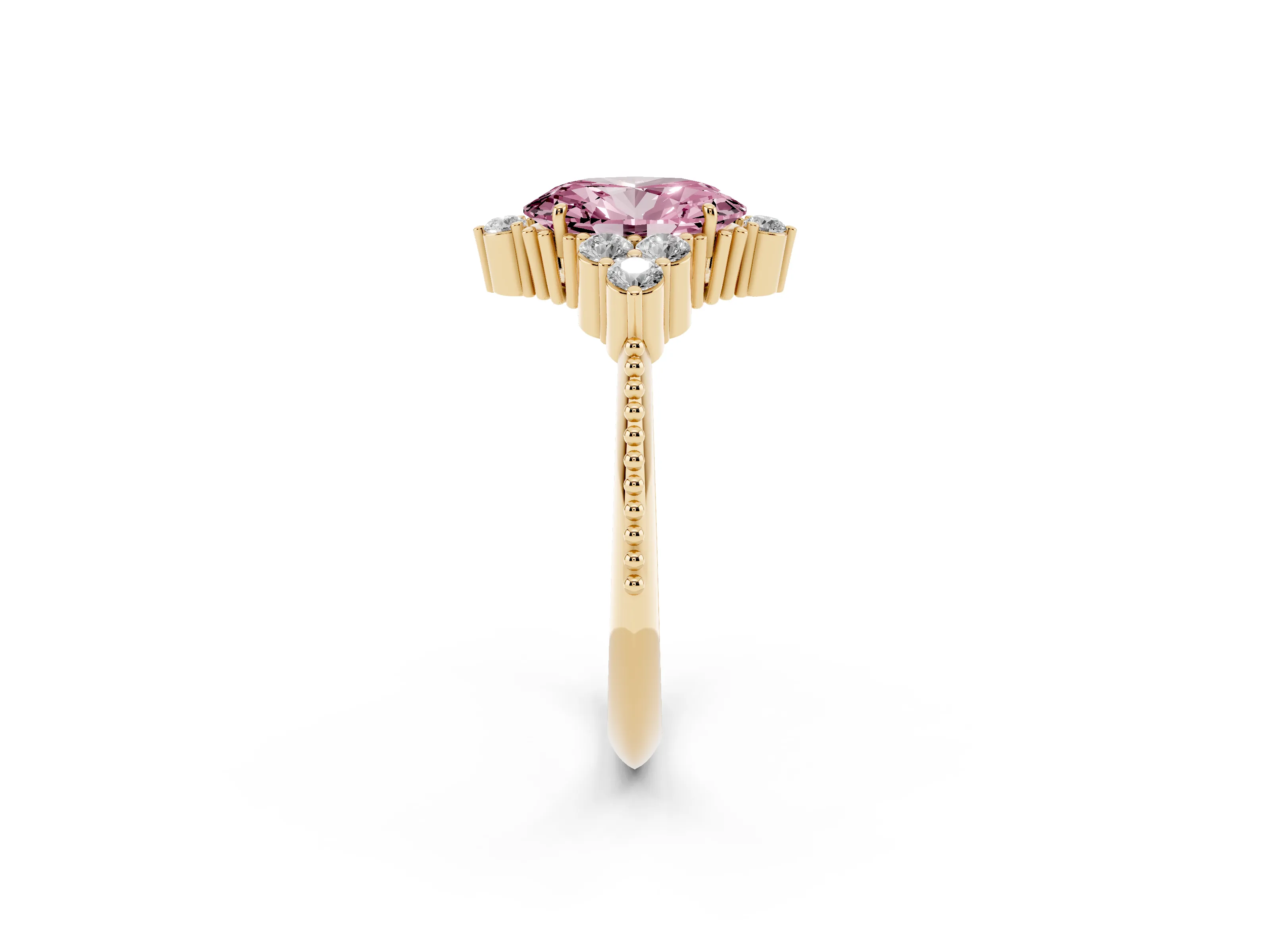 Fancy Pink Oval Cut Diamond Cluster Ring Set in Yellow gold with Beaded Band