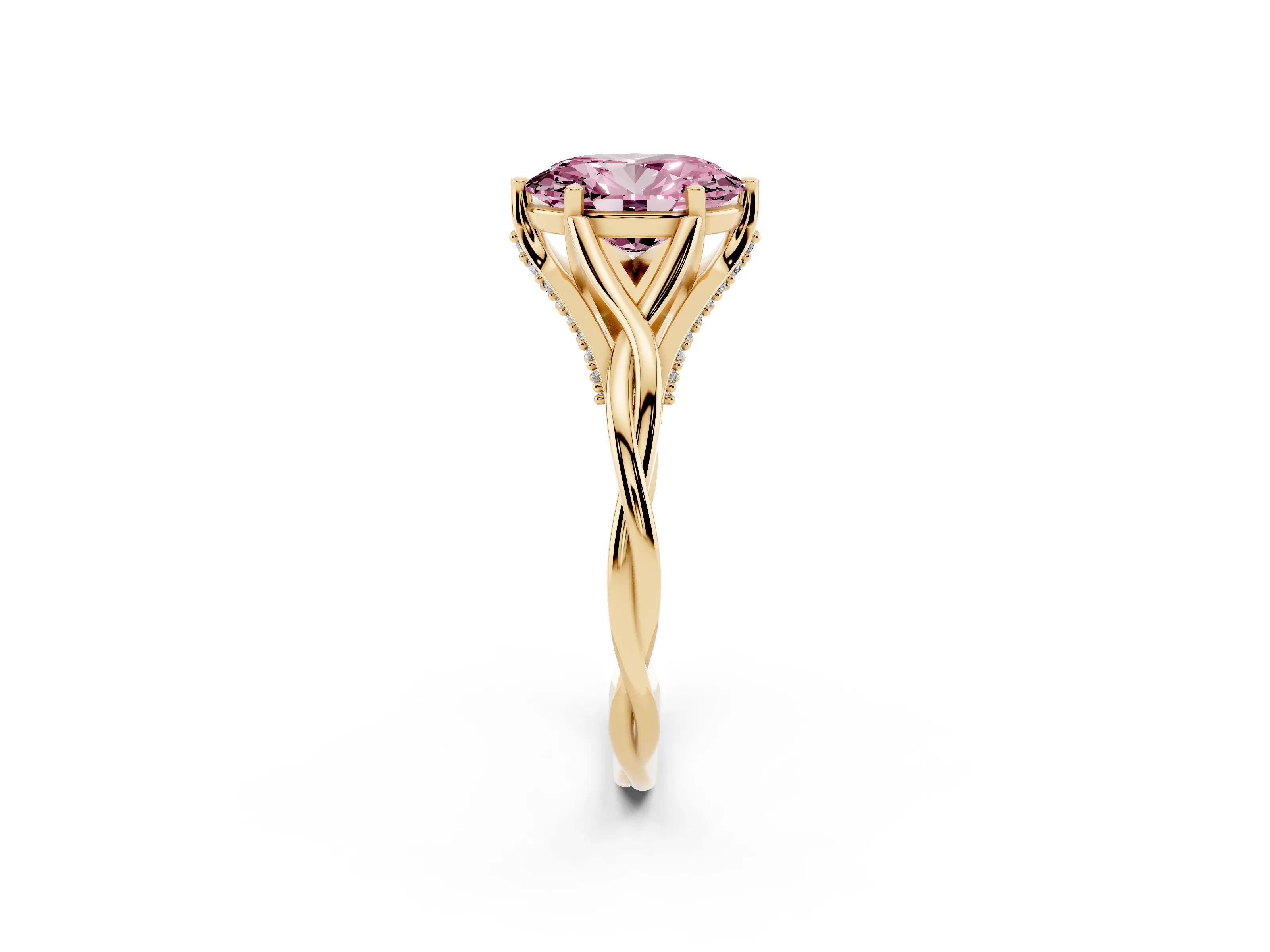 Fancy Pink Oval Cut Diamond Intertwined Twist Band Solitaire Ring Set in Yellow gold with Prong Setting