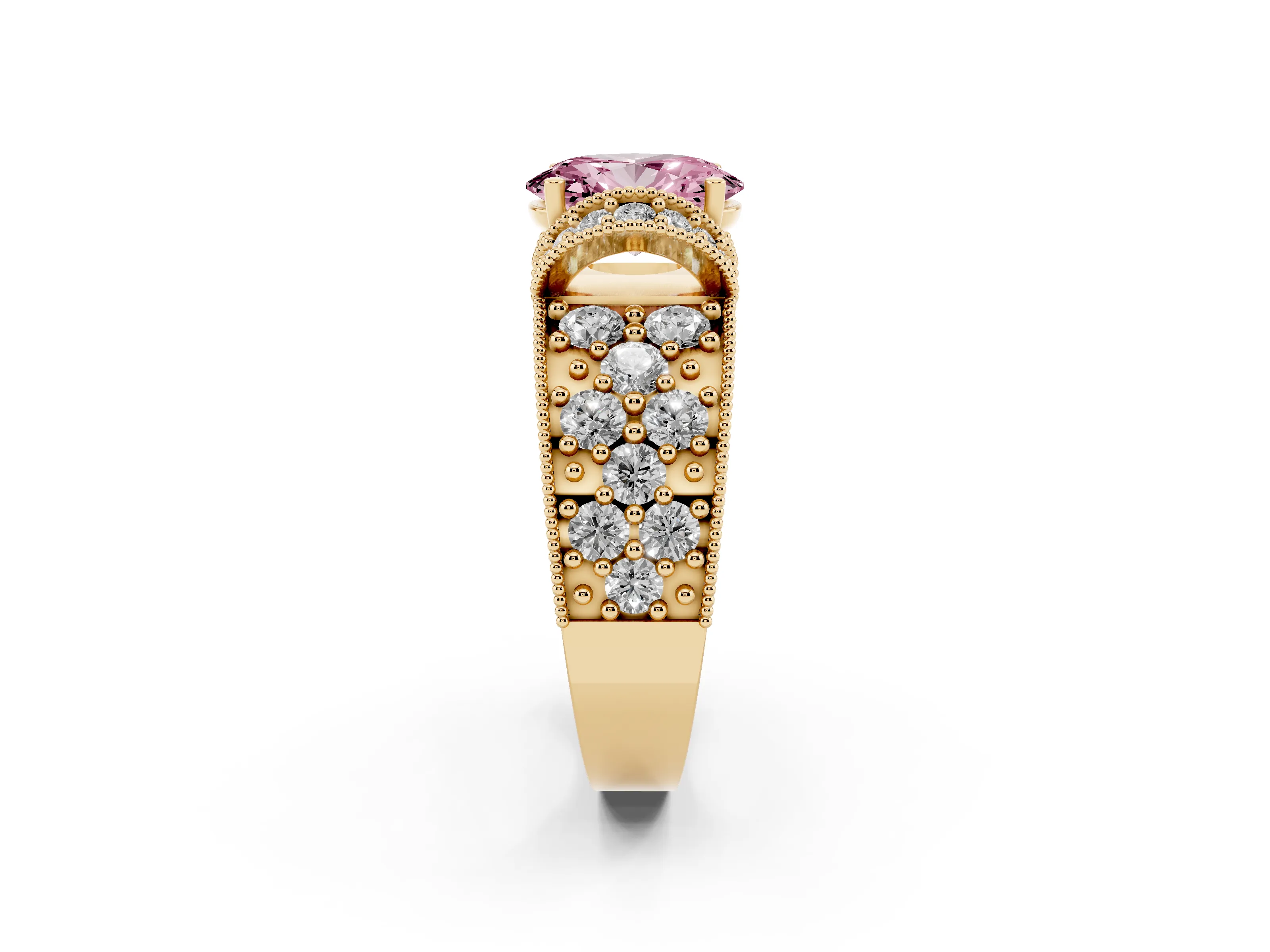 Fancy Pink Oval Cut Diamond Milgrain Halo Pavé Engagement Ring Set in Yellow gold with Prong Setting
