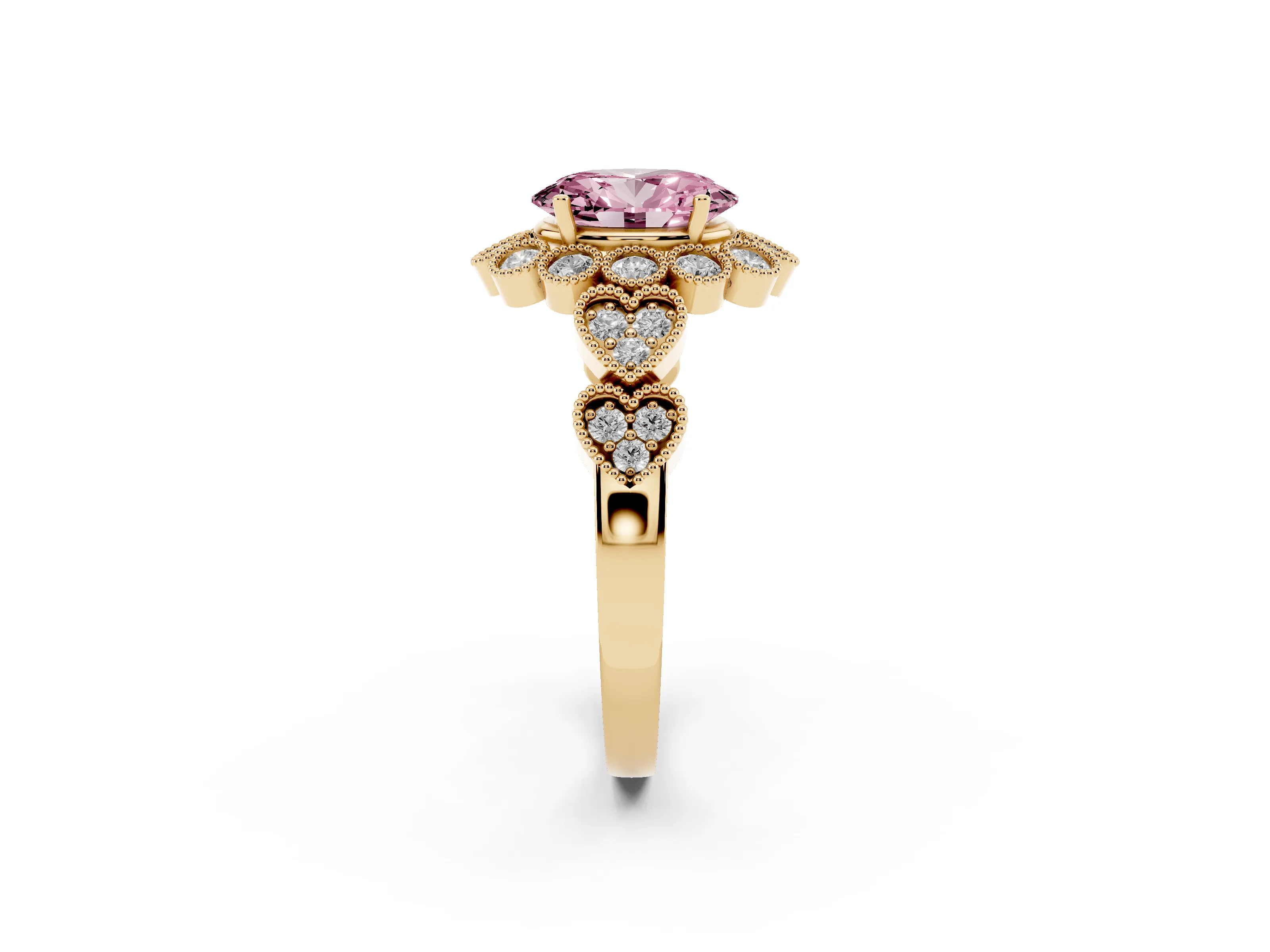 Fancy Pink Oval Cut Diamond Solitaire Ring Set in Yellow gold with Milgrain Pavé Heart Band