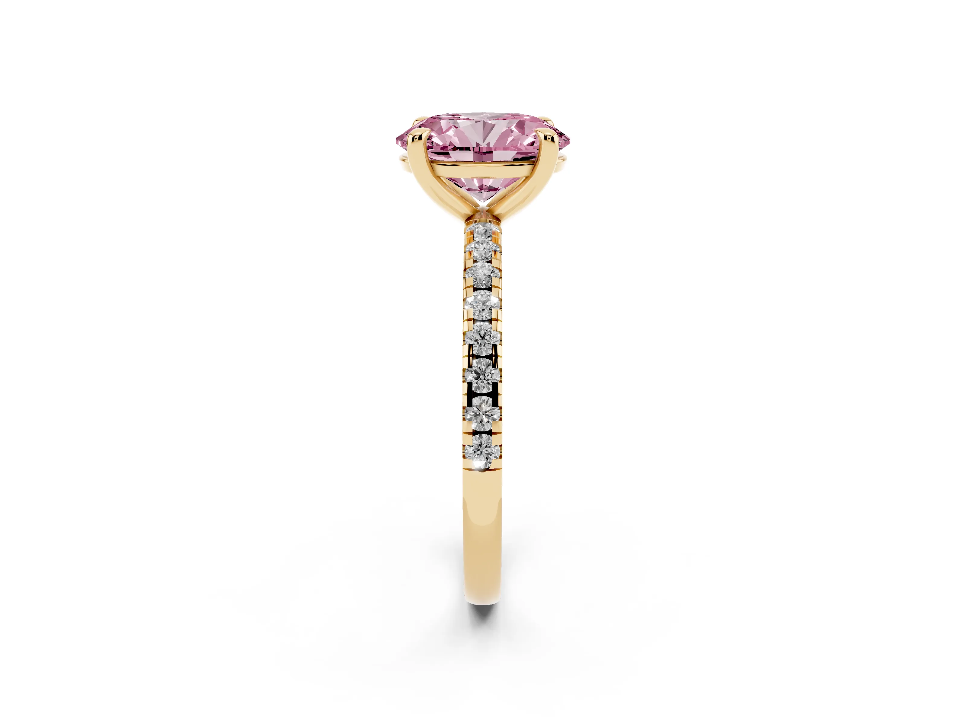 Fancy Pink Oval Cut Diamond Brilliant Solitaire Ring Set in Yellow gold with Pavé Band and Prong Setting
