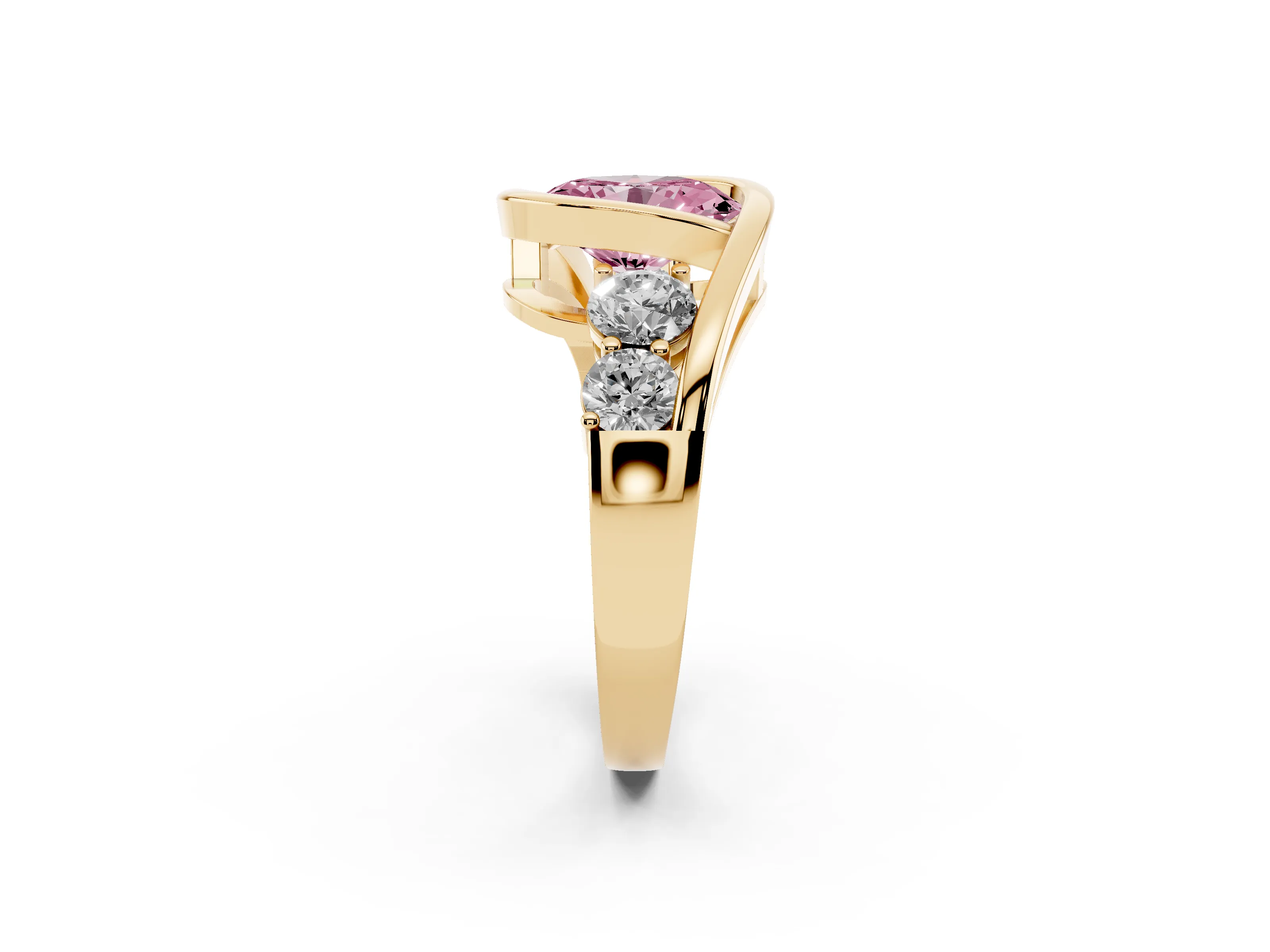 Fancy Pink Oval Cut Diamond Bezel Bypass Ring Set in Yellow gold with Round Accents