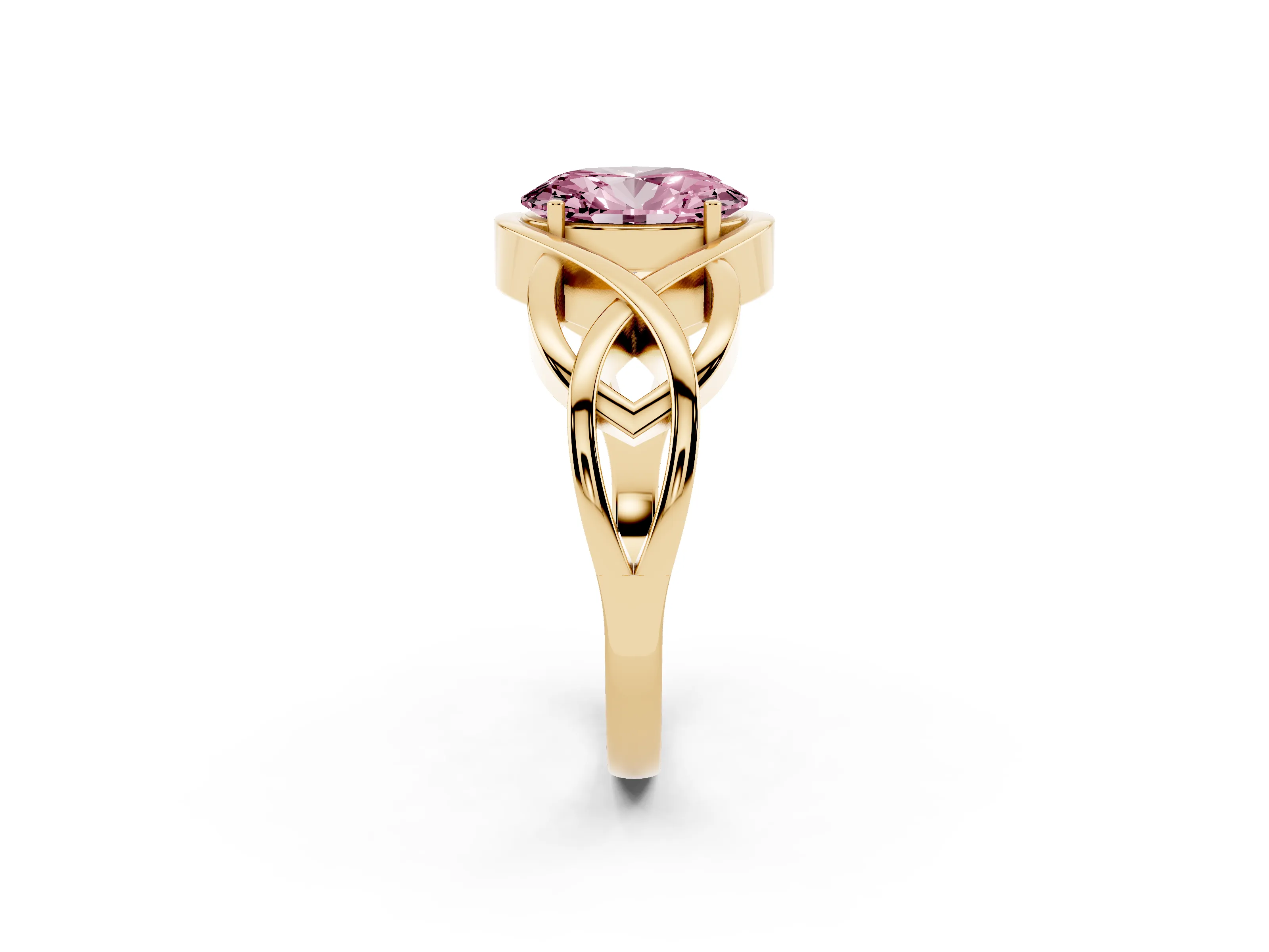 Fancy Pink Oval Cut Diamond Solitaire Ring Set in Yellow gold with Intertwined Band