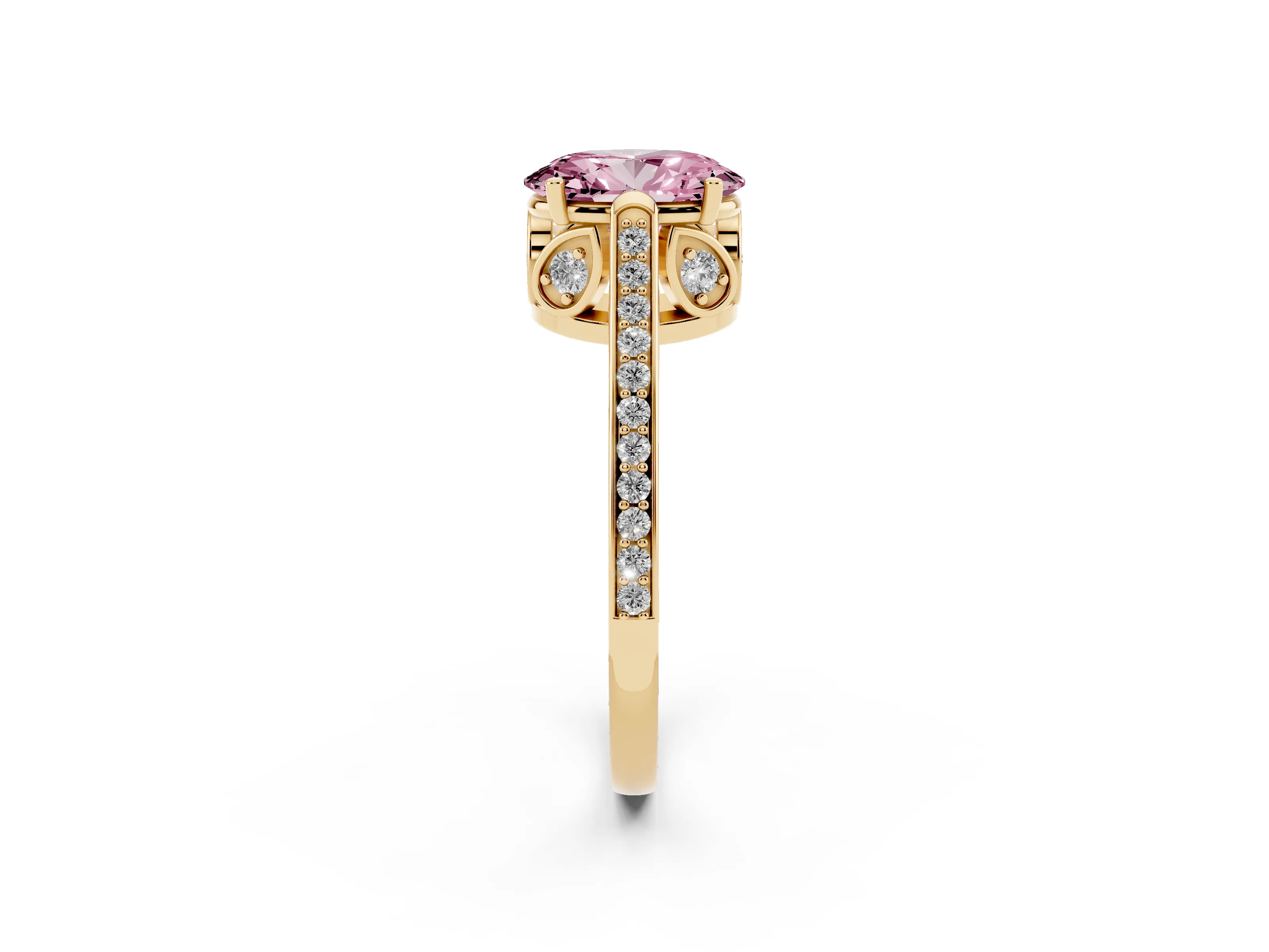 Fancy Pink Oval Cut Diamond Cathedral Pavé Engagement Ring Set in Yellow gold with Prong Setting
