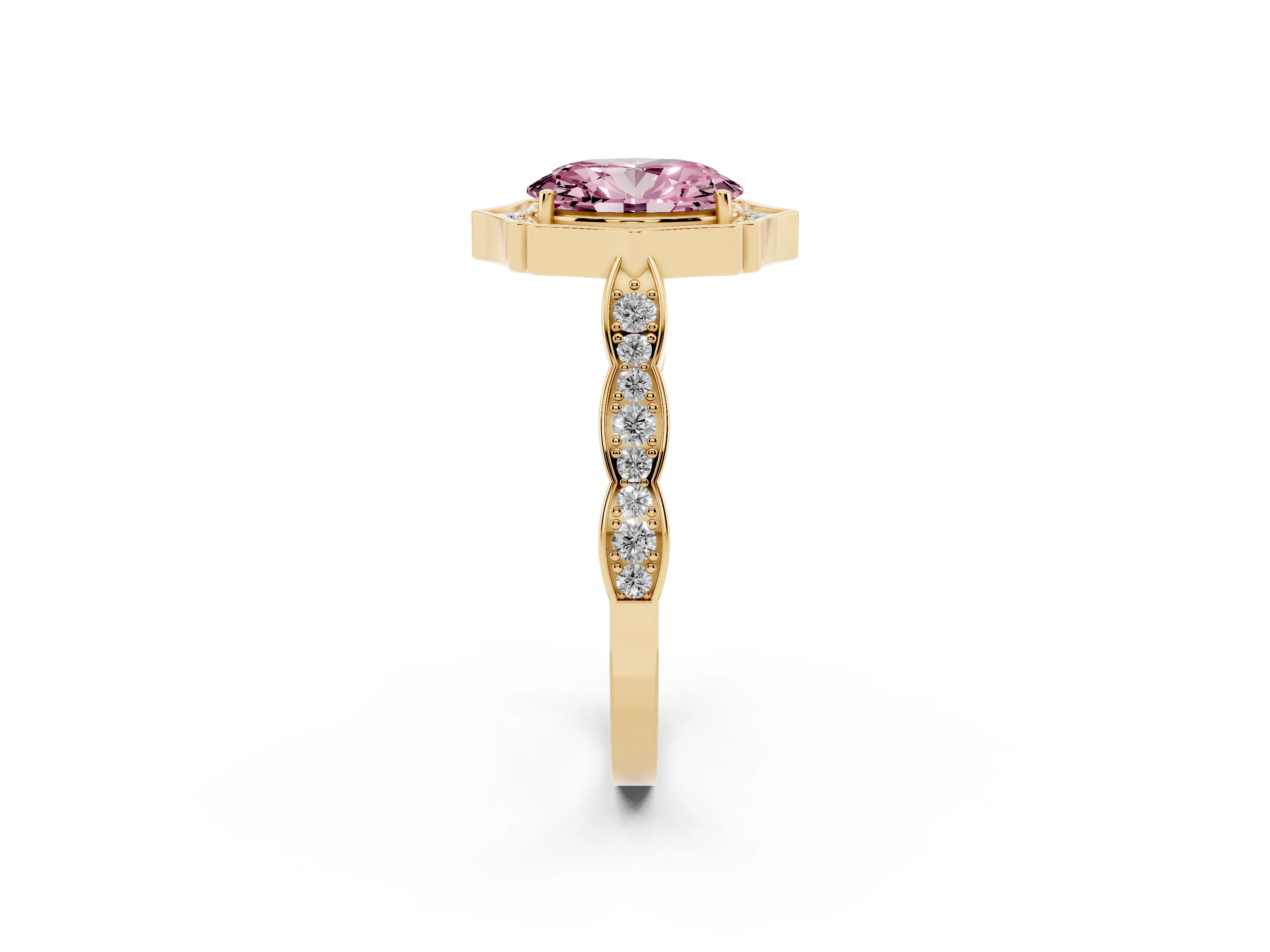 Fancy Pink Oval Cut Diamond Halo Engagement Ring Set in Yellow gold with Milgrain Band and Prong Setting