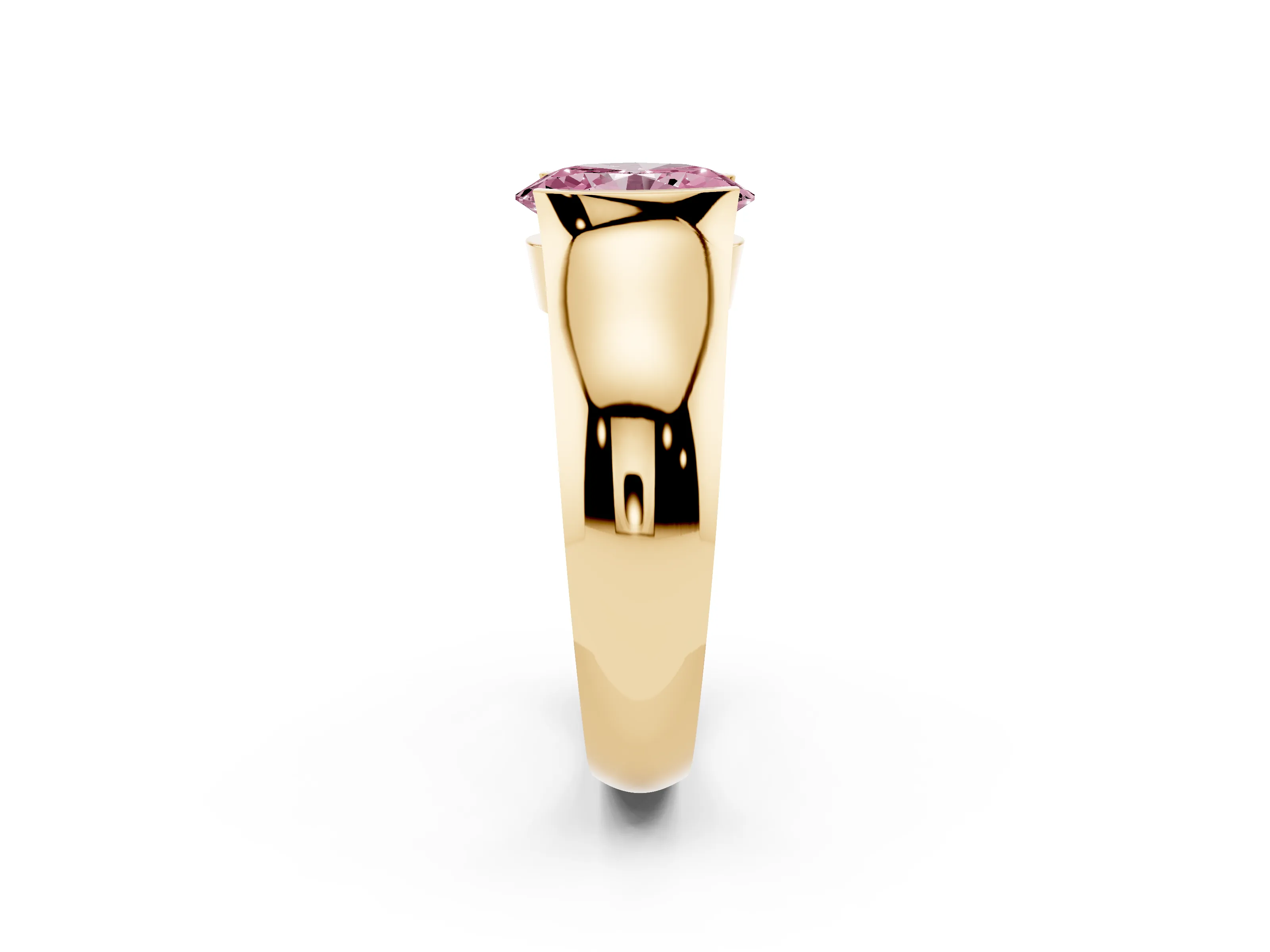 Fancy Pink Oval Cut Diamond Bezel Solitaire Ring Set in Yellow gold with Wide Band