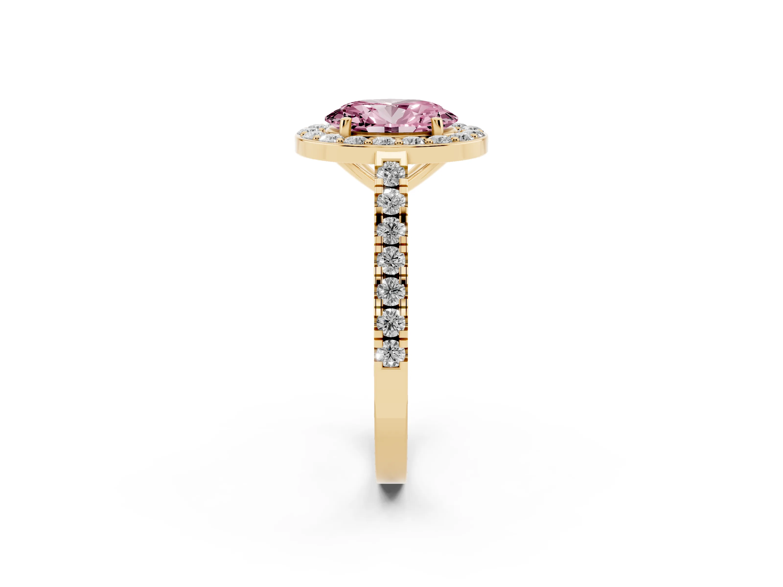 Fancy Pink Oval Cut Diamond Halo Ring Set in Yellow gold with Round Pavé Split Shank and Prong Setting
