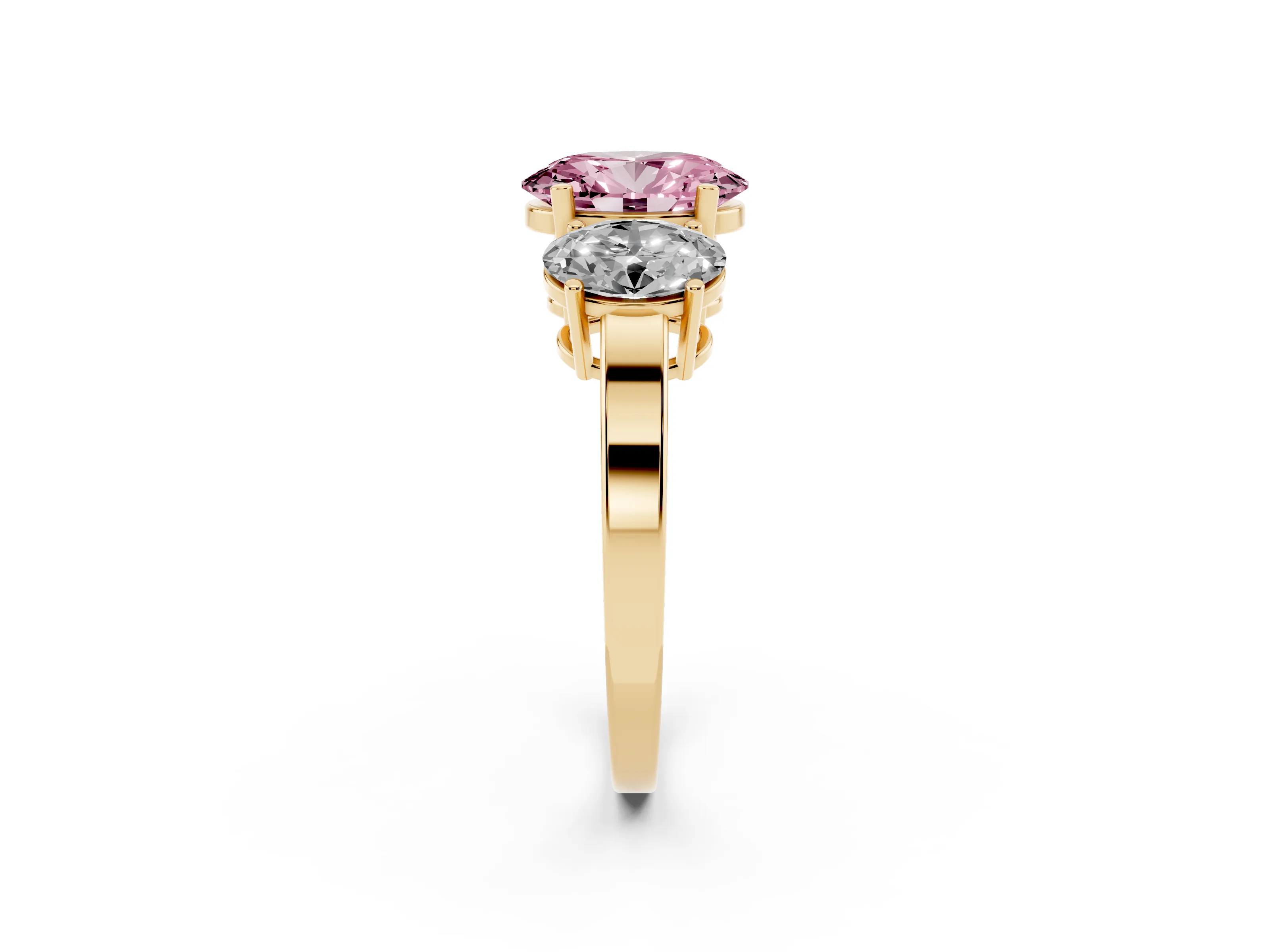 Fancy Pink Oval Cut Diamond Three-Stone Engagement Ring Set in Yellow gold with Flat Band