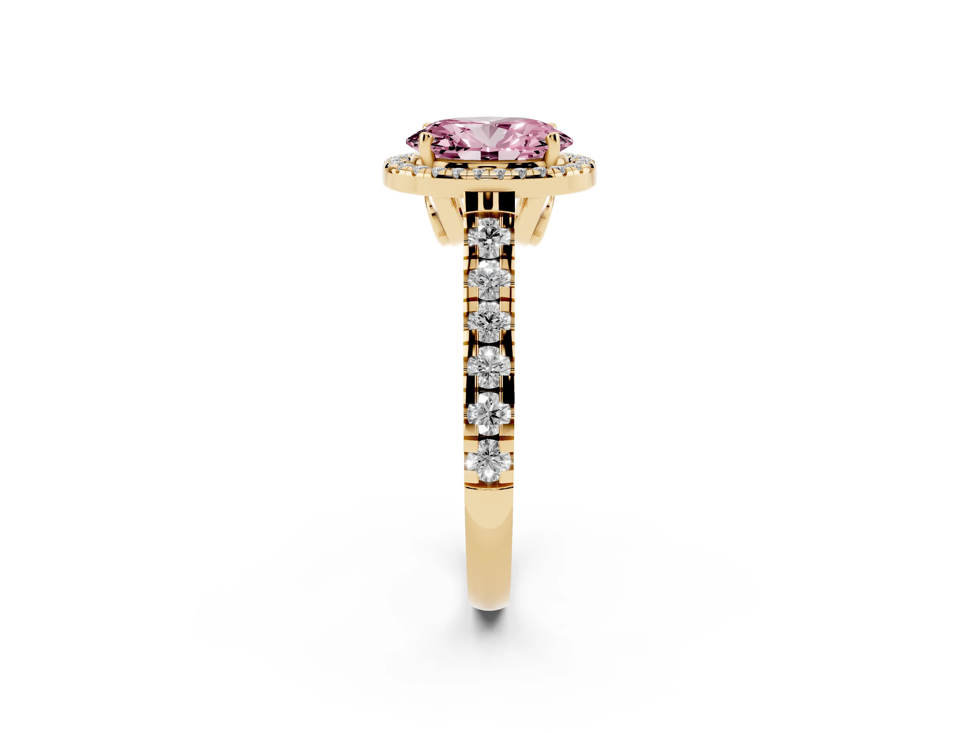 Fancy Pink Oval Cut Diamond Halo Engagement Ring Set in Yellow gold with Pavé Band and Prong-Set Center