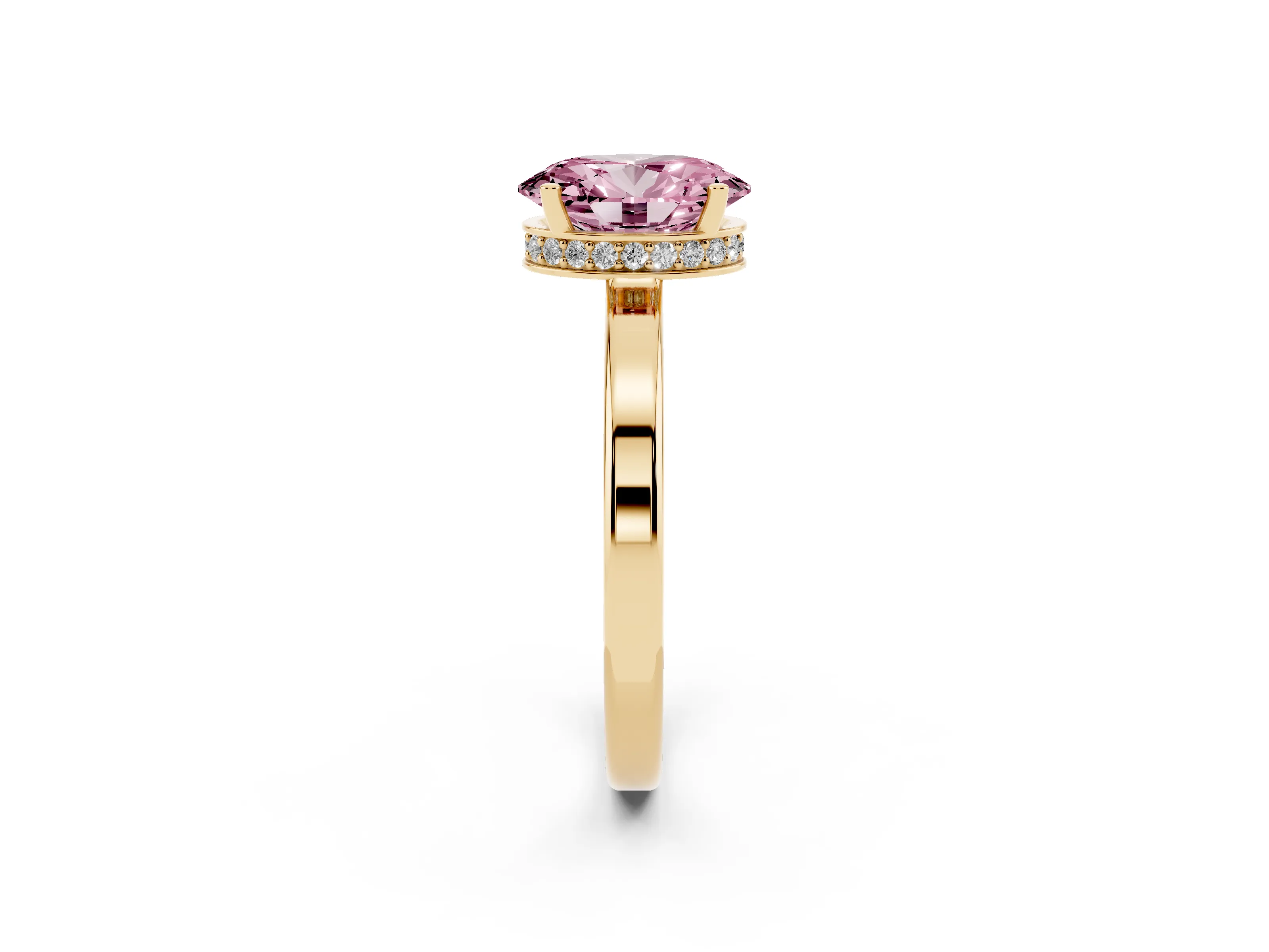Fancy Pink Oval Cut Diamond Solitaire Engagement Ring Set in Yellow gold with Prong Setting on a Plain Band