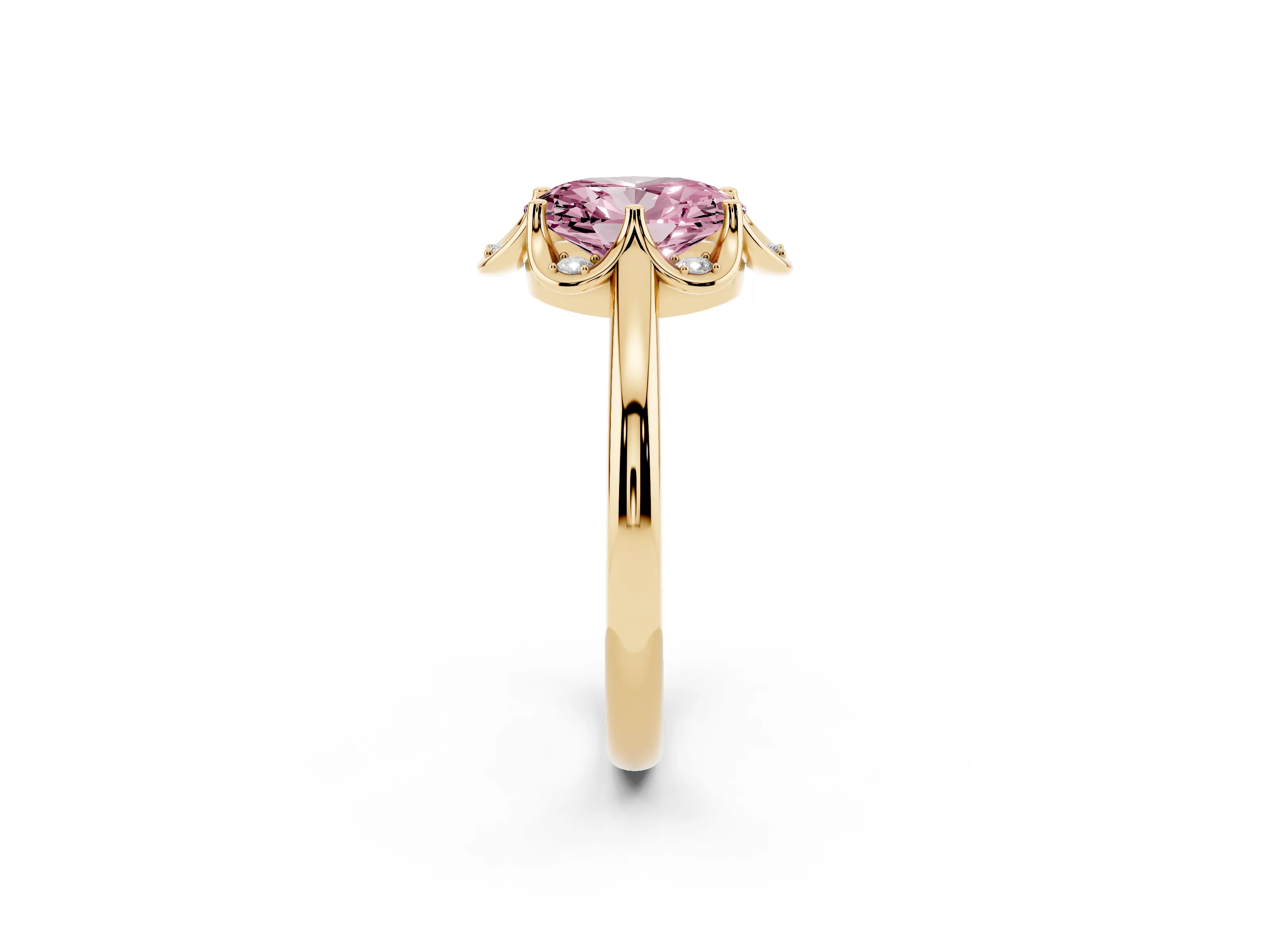 Fancy Pink Oval Cut Diamond Round Cluster Halo Ring Set in Yellow gold with Solitaire Band and Prong Setting