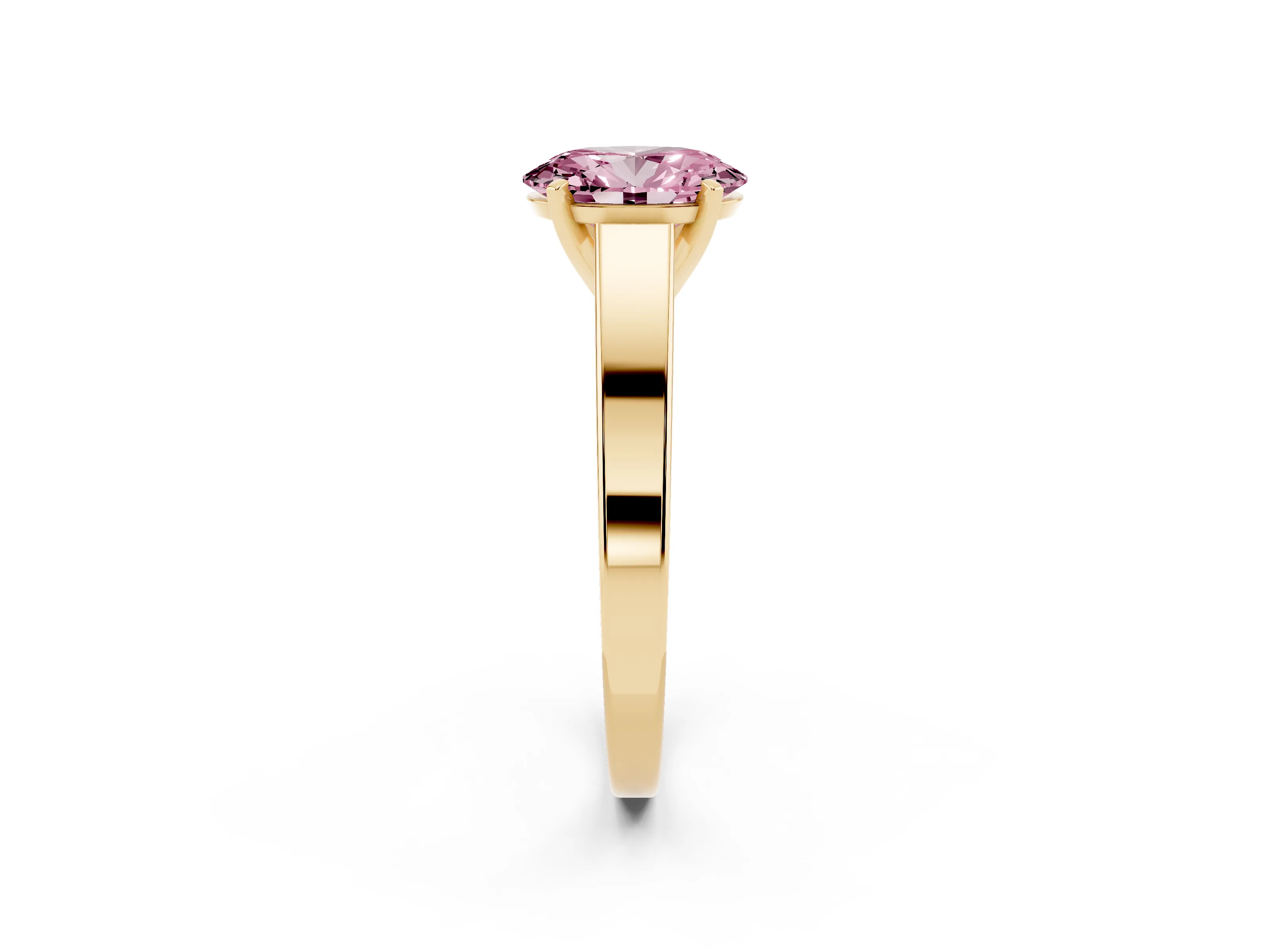 Fancy Pink Oval Cut Diamond Solitaire Engagement Ring Set in Yellow gold with Prong Setting and Tapered Band