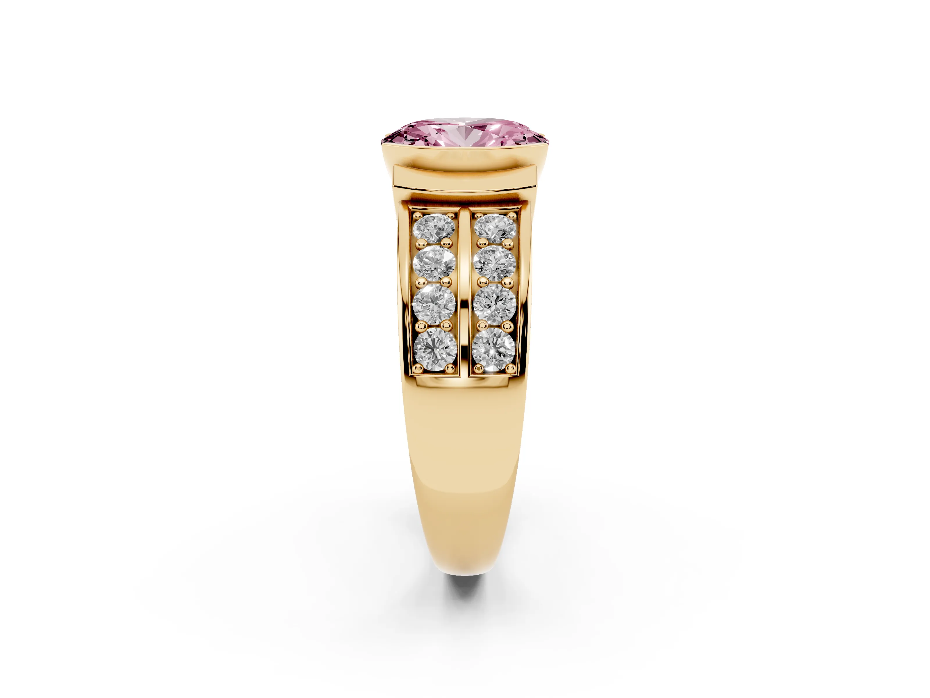 Fancy Pink Oval Cut Diamond Wide Channel Set Band Ring Set in Yellow gold with Bezel Setting