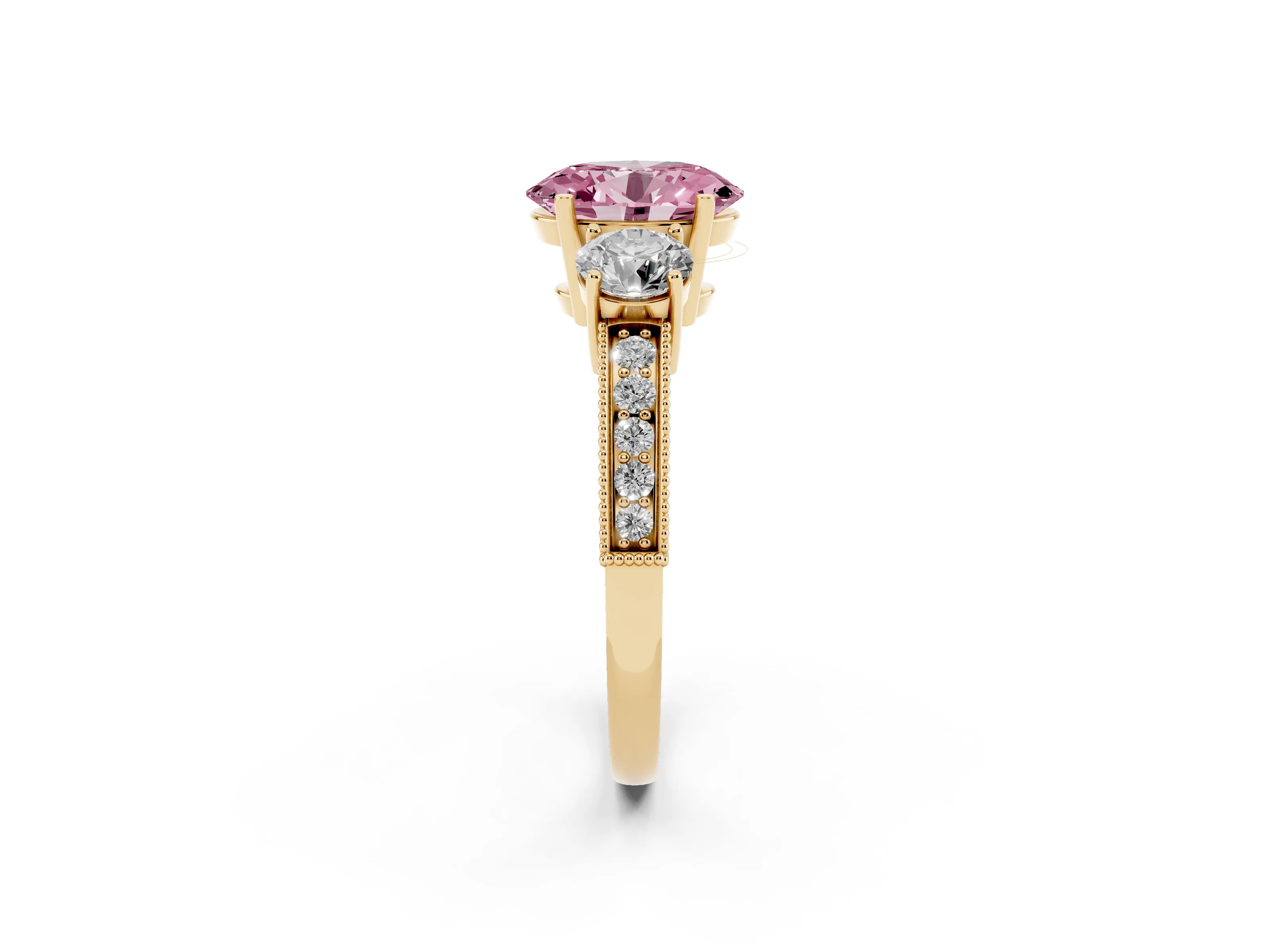 Fancy Pink Oval Cut Diamond Three-Stone Ring Set in Yellow gold with Round Side Stones and Pavé Band