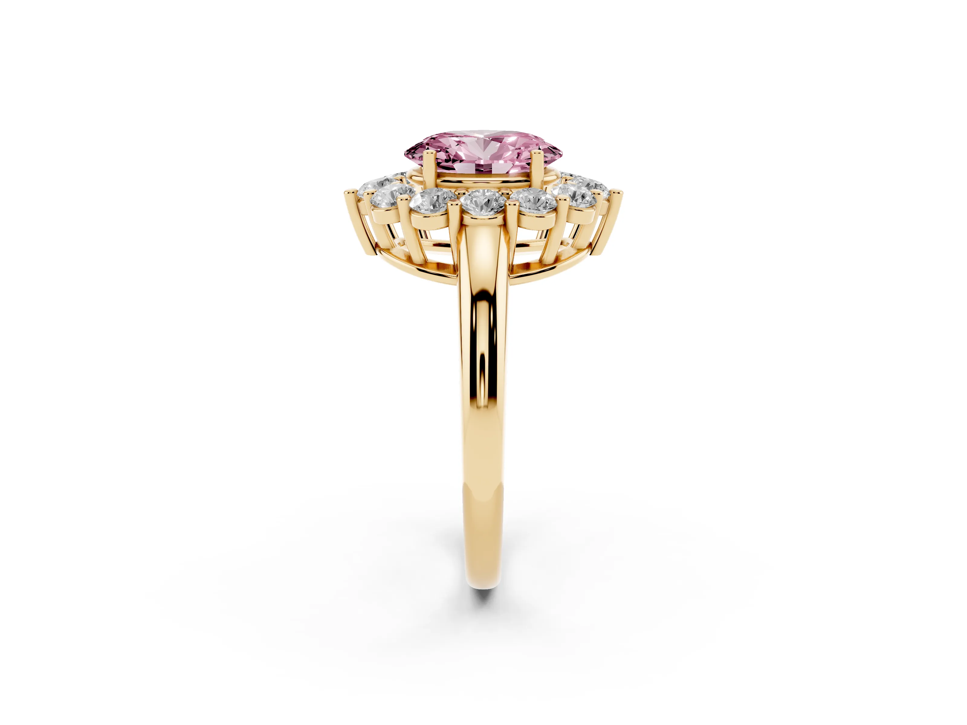 Fancy Pink Oval Cut Diamond Halo Cluster Engagement Ring Set in Yellow gold with Polished Band and Prong Setting