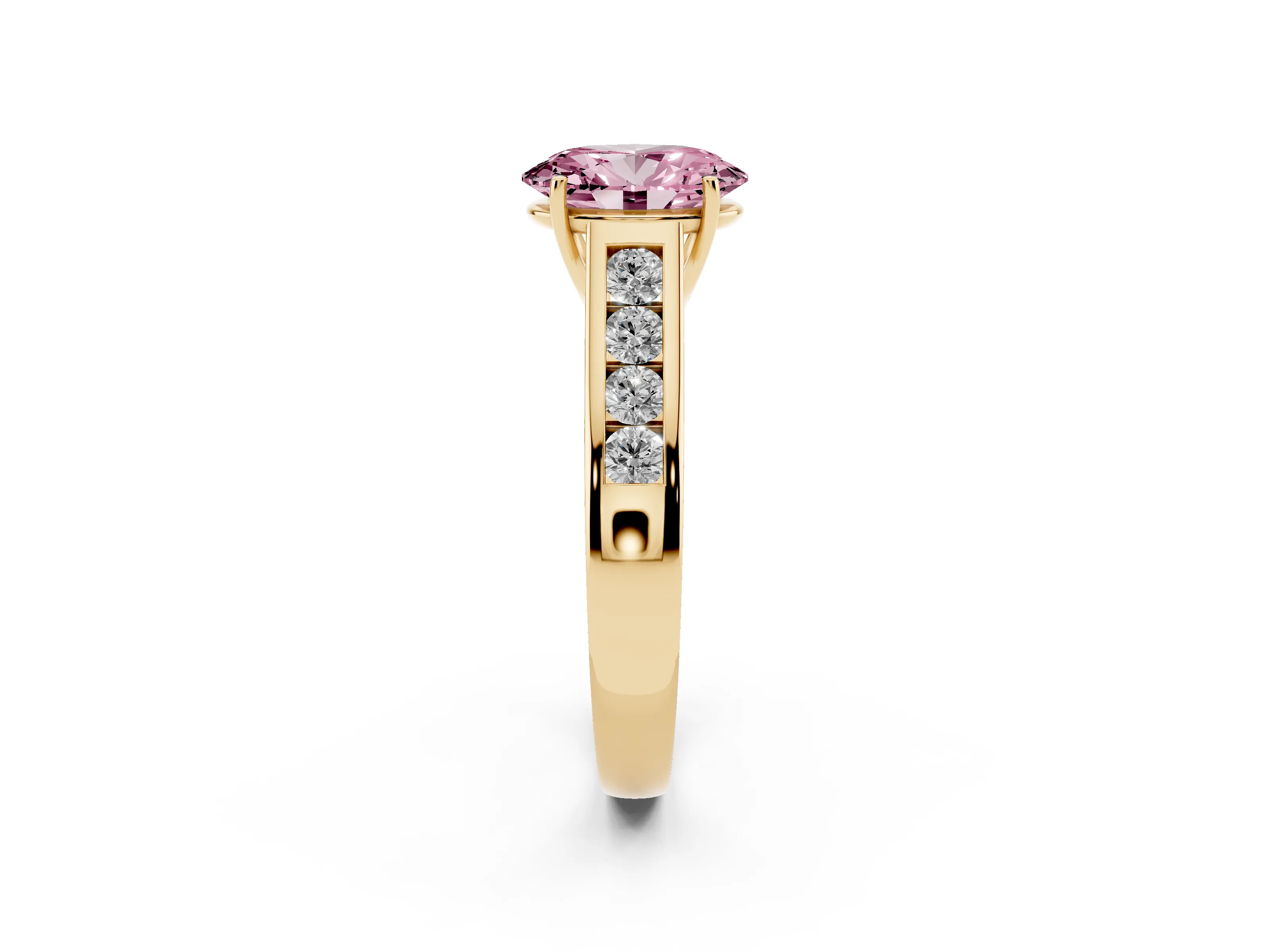 Fancy Pink Oval Cut Diamond Solitaire Channel-Set Engagement Ring Set in Yellow gold with Prong Setting