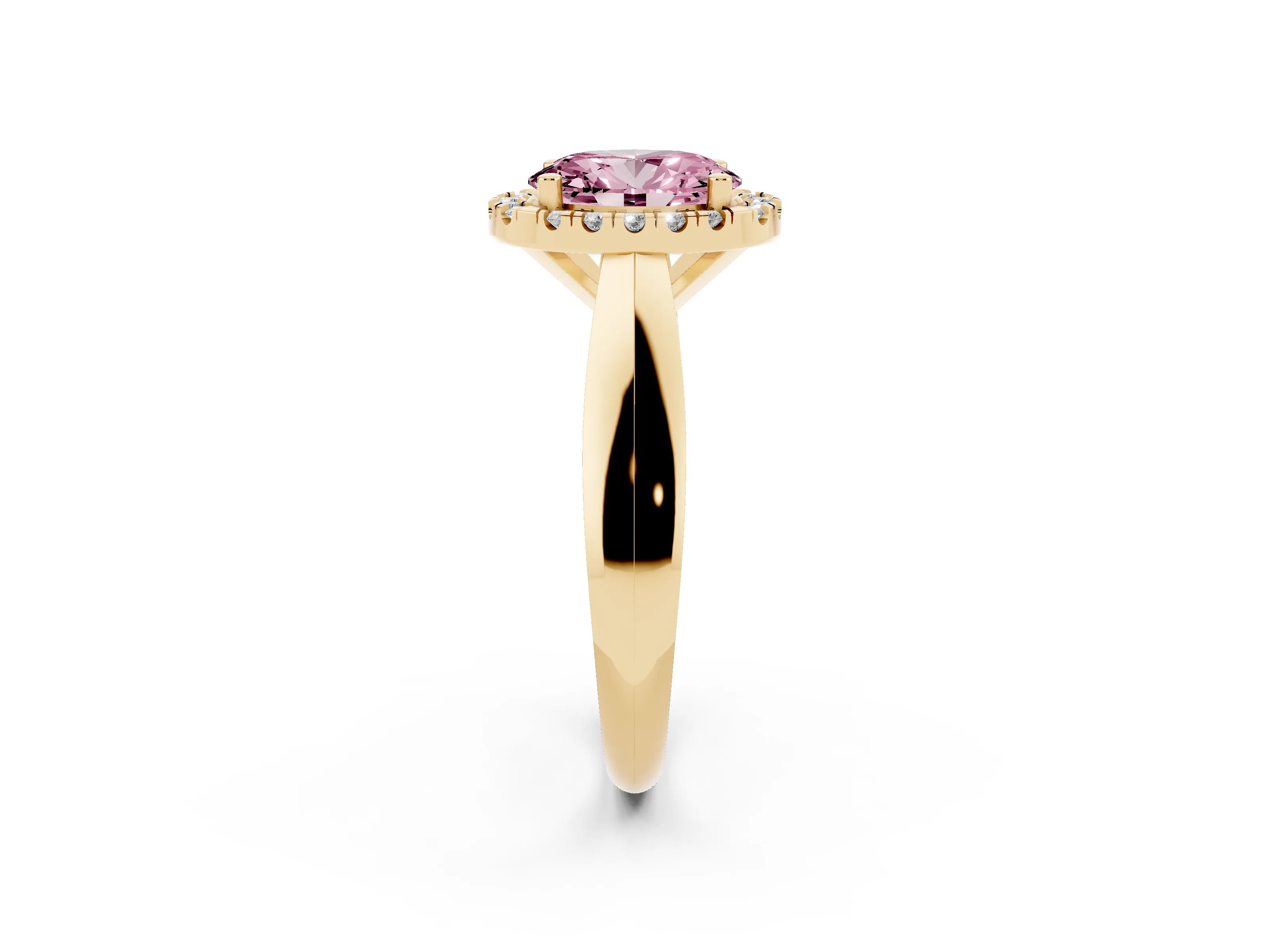 Fancy Pink Oval Cut Diamond Halo Solitaire Engagement Ring Set in Yellow gold with Square Band and Prong Setting