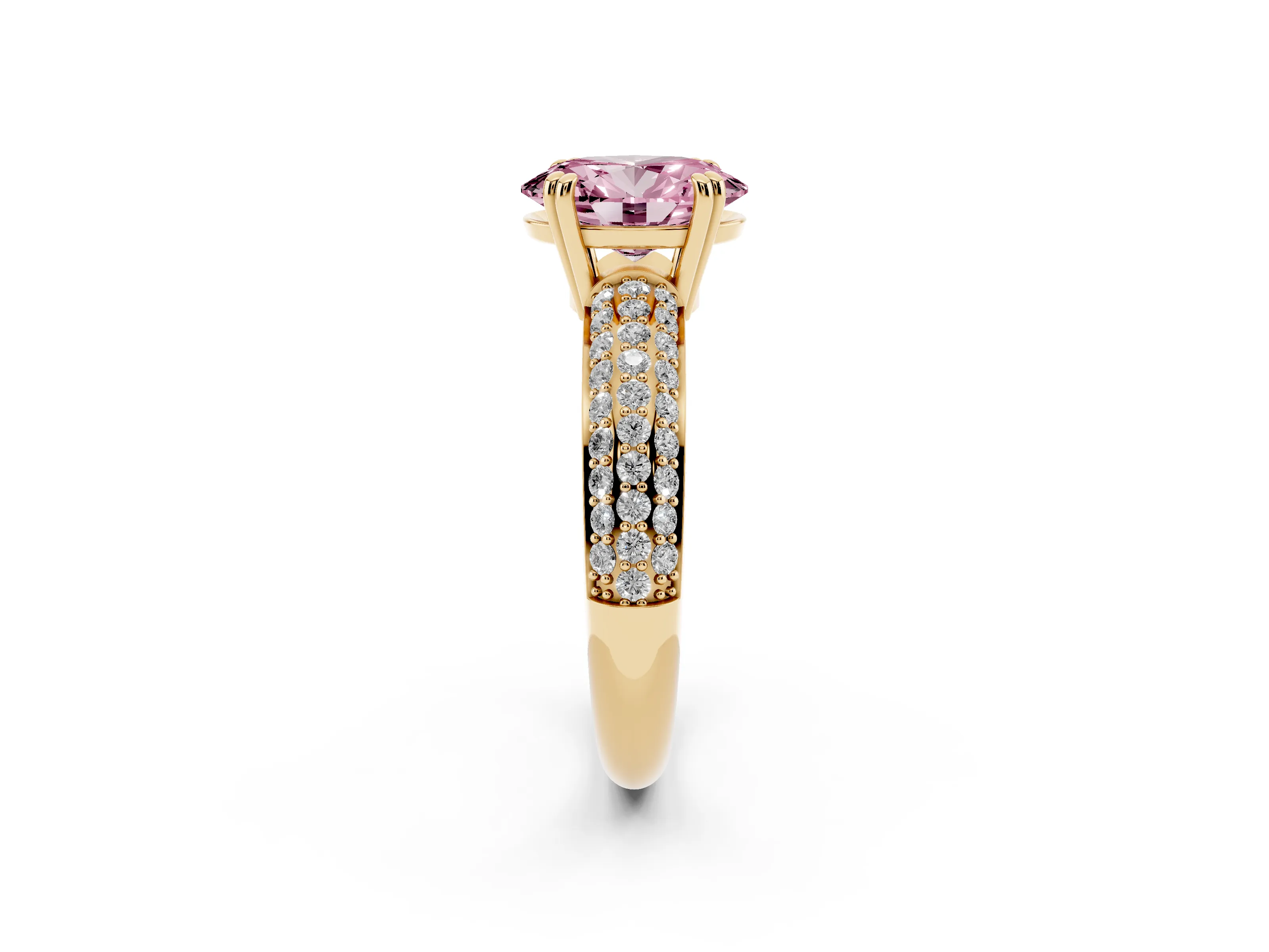 Fancy Pink Oval Cut Diamond Solitaire Ring Set in Yellow gold with Multi-Row Round Pavé Band and Prong Setting
