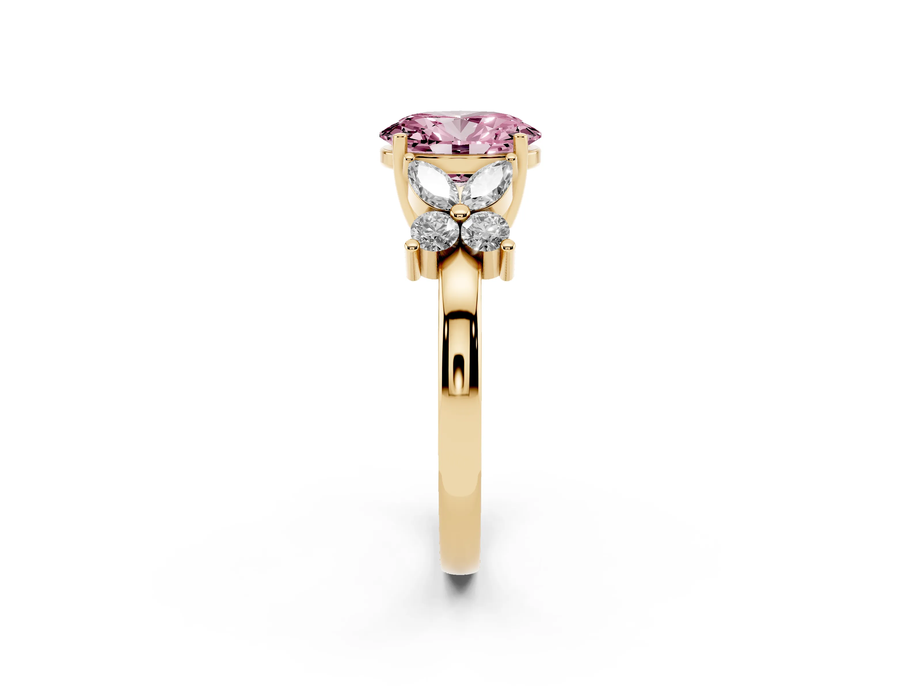 Fancy Pink Oval Cut Diamond Floral Cluster Ring Set in Yellow gold with Marquise Petals and Prong Setting