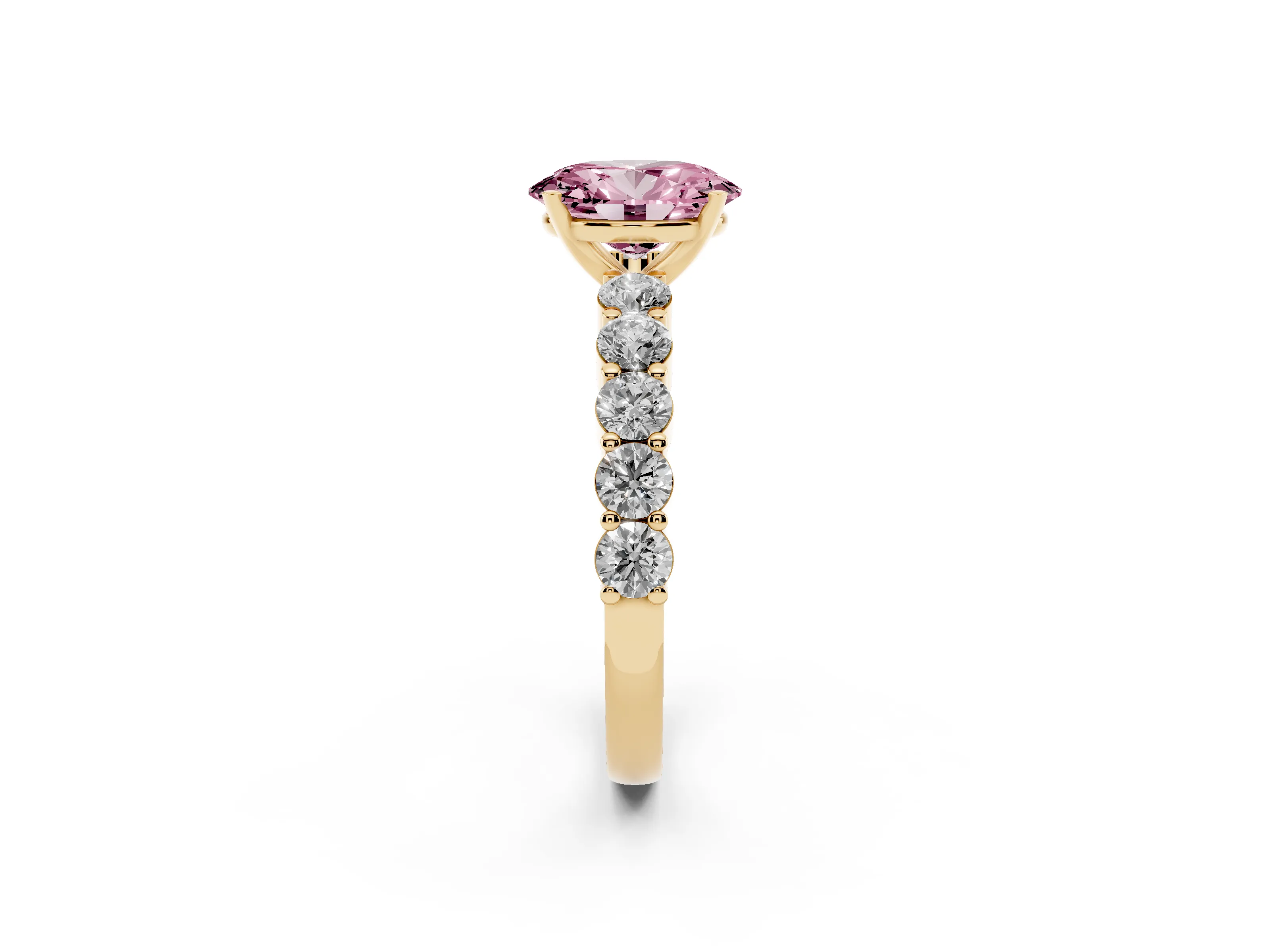 Fancy Pink Oval Cut Diamond Solitaire Ring Set in Yellow gold with Shared Prong Round Side Stones