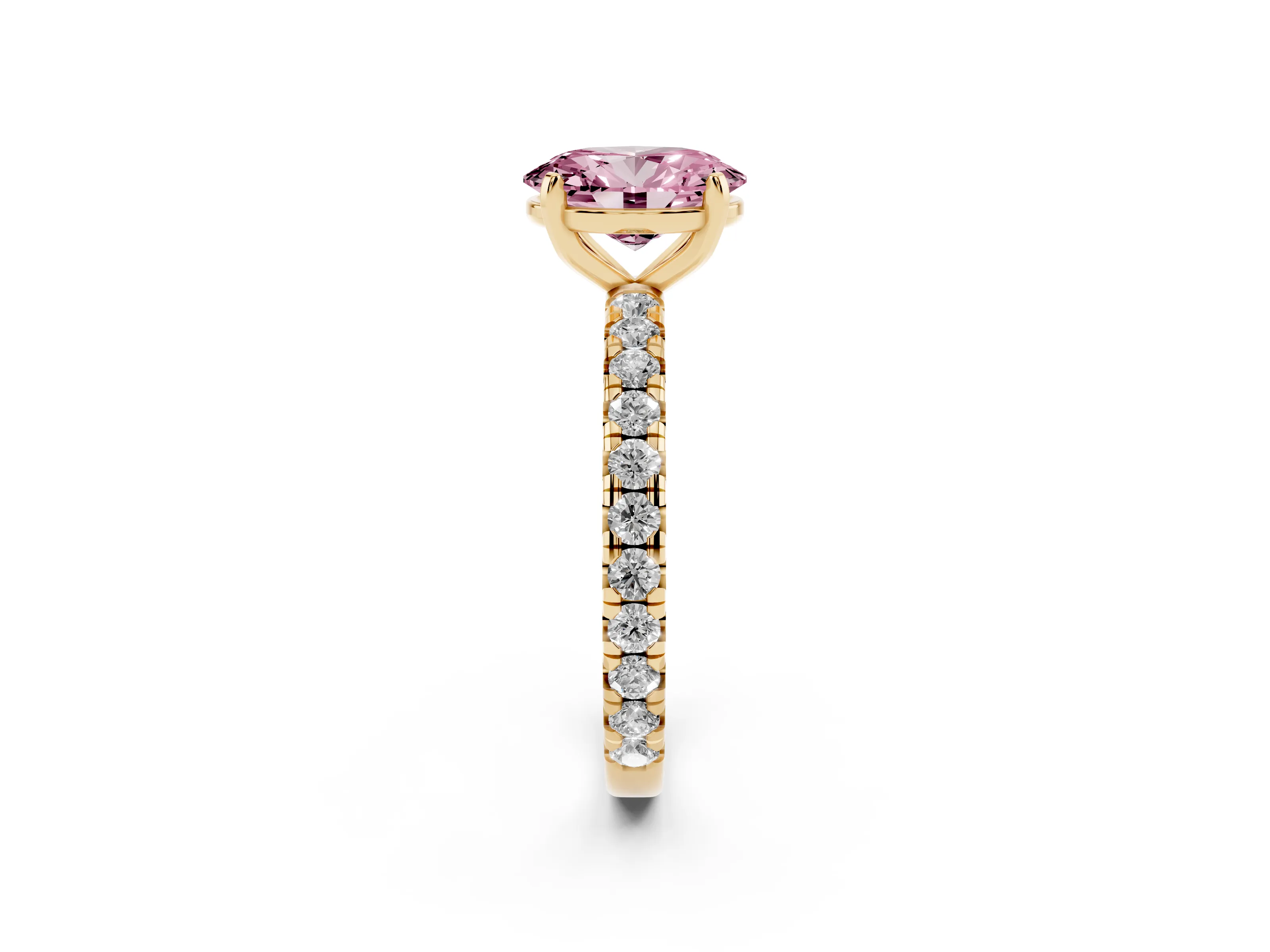 Fancy Pink Oval Cut Diamond Pavé Solitaire Ring Set in Yellow gold with Round Band and Prong Setting