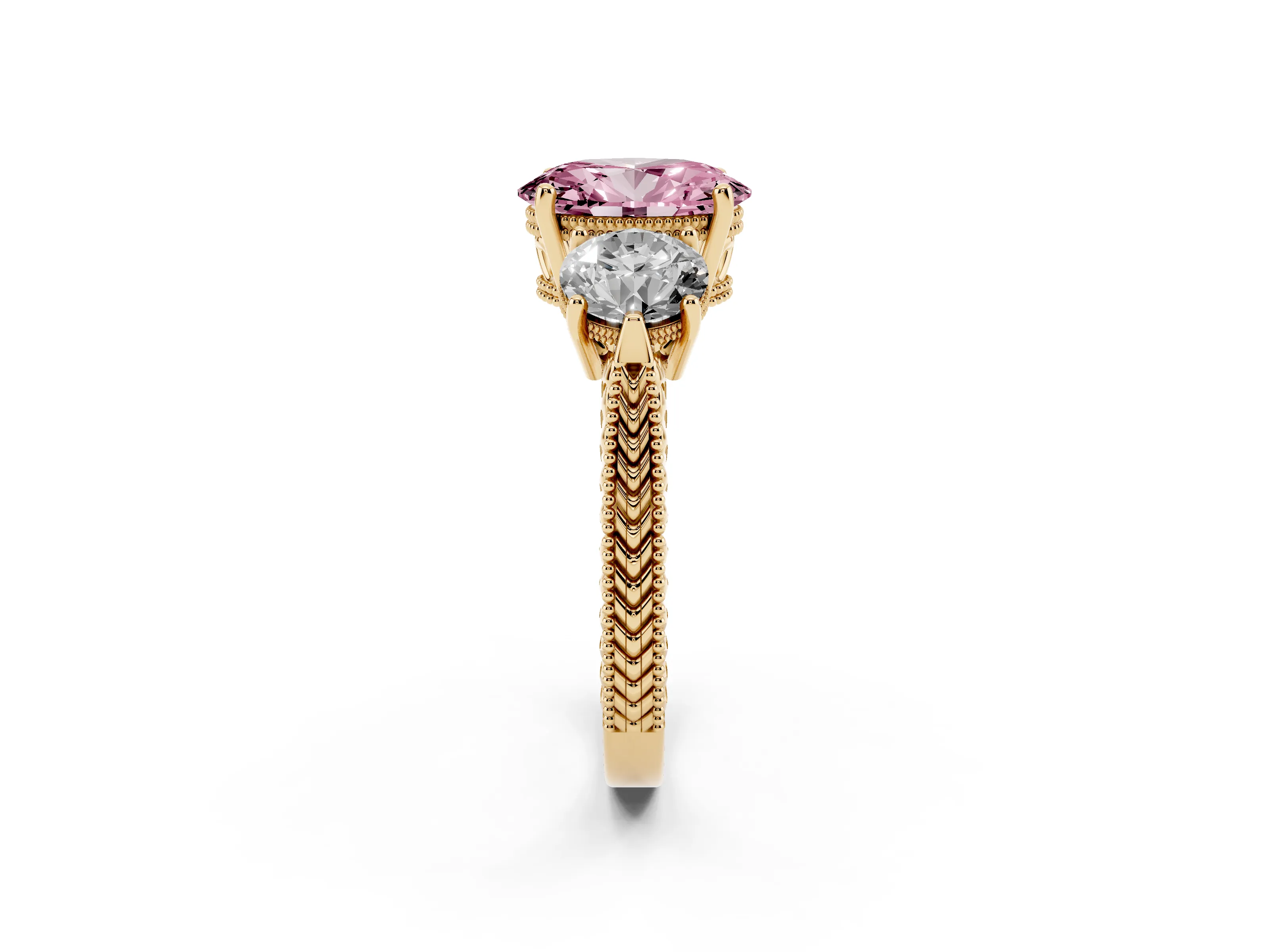 Fancy Pink Oval Cut Diamond Three-Stone Ring Set in Yellow gold with Milgrain Band