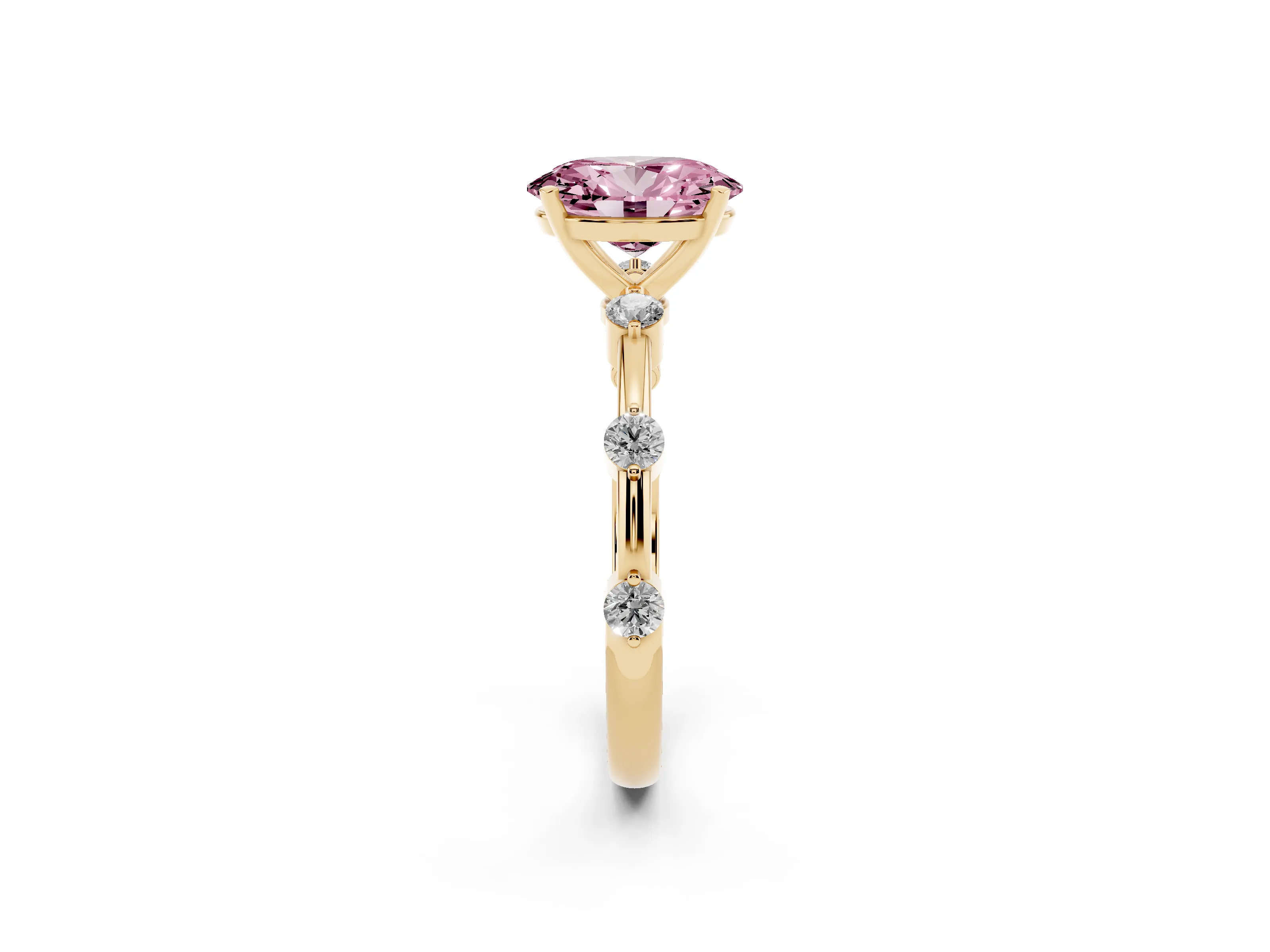 Fancy Pink Oval Cut Diamond Solitaire Ring Set in Yellow gold with Bezel Set Side Stones and Prong Setting
