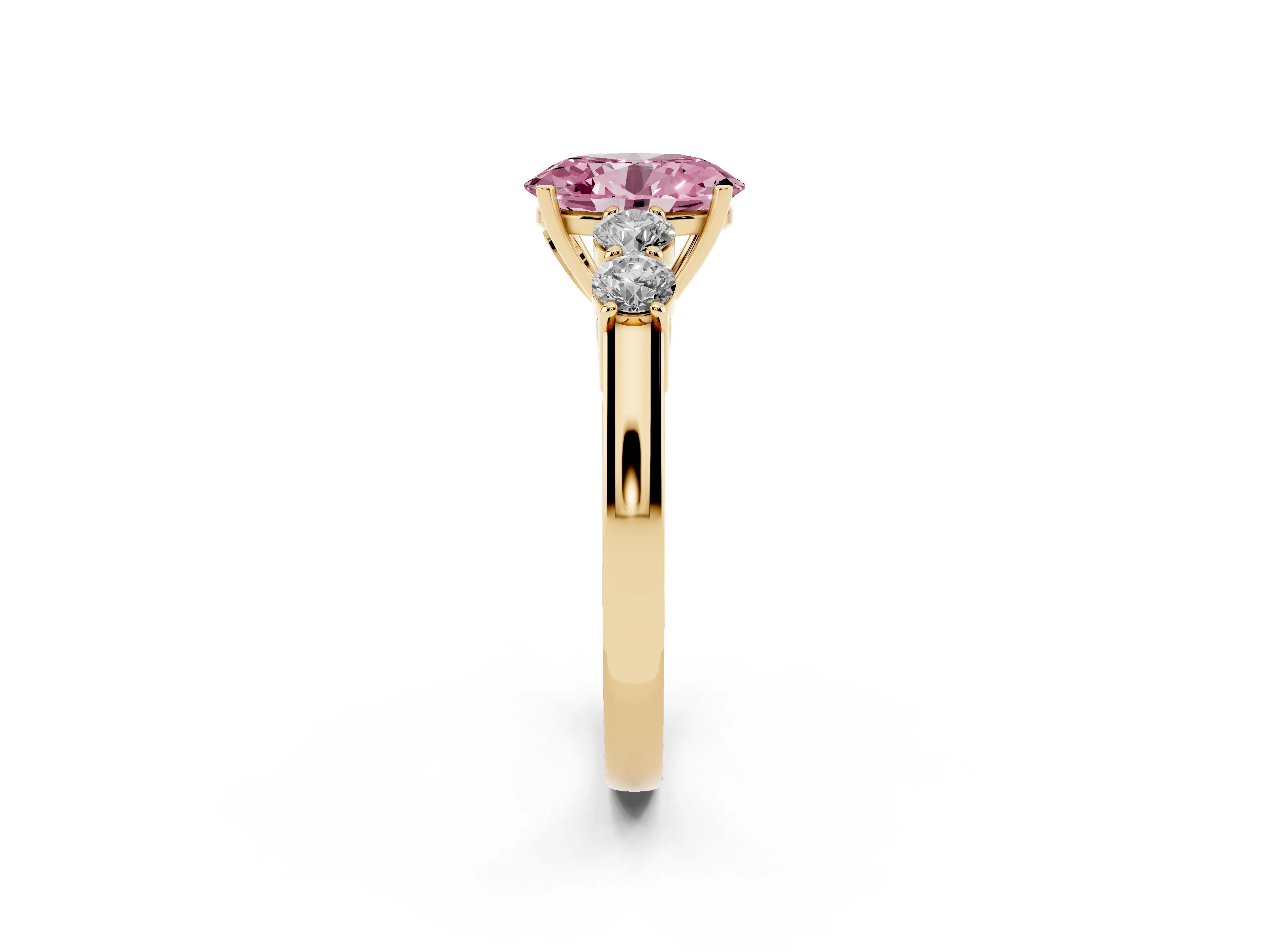Fancy Pink Oval Cut Diamond Five-Stone Prong Set Band Ring Set in Yellow gold with Polished Band