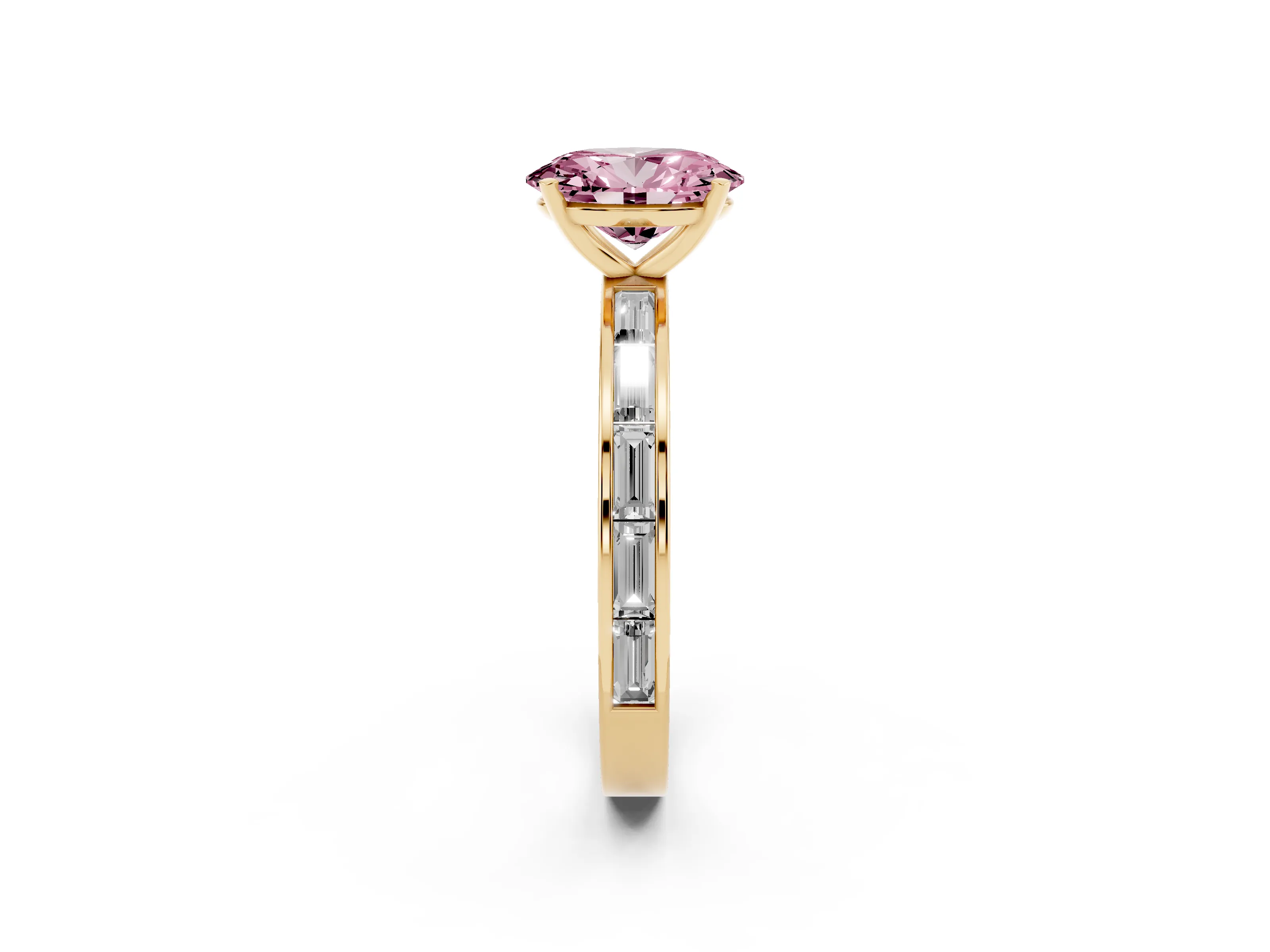 Fancy Pink Oval Cut Diamond Solitaire Ring Set in Yellow gold with Channel-Set Baguette Band and Prong Setting