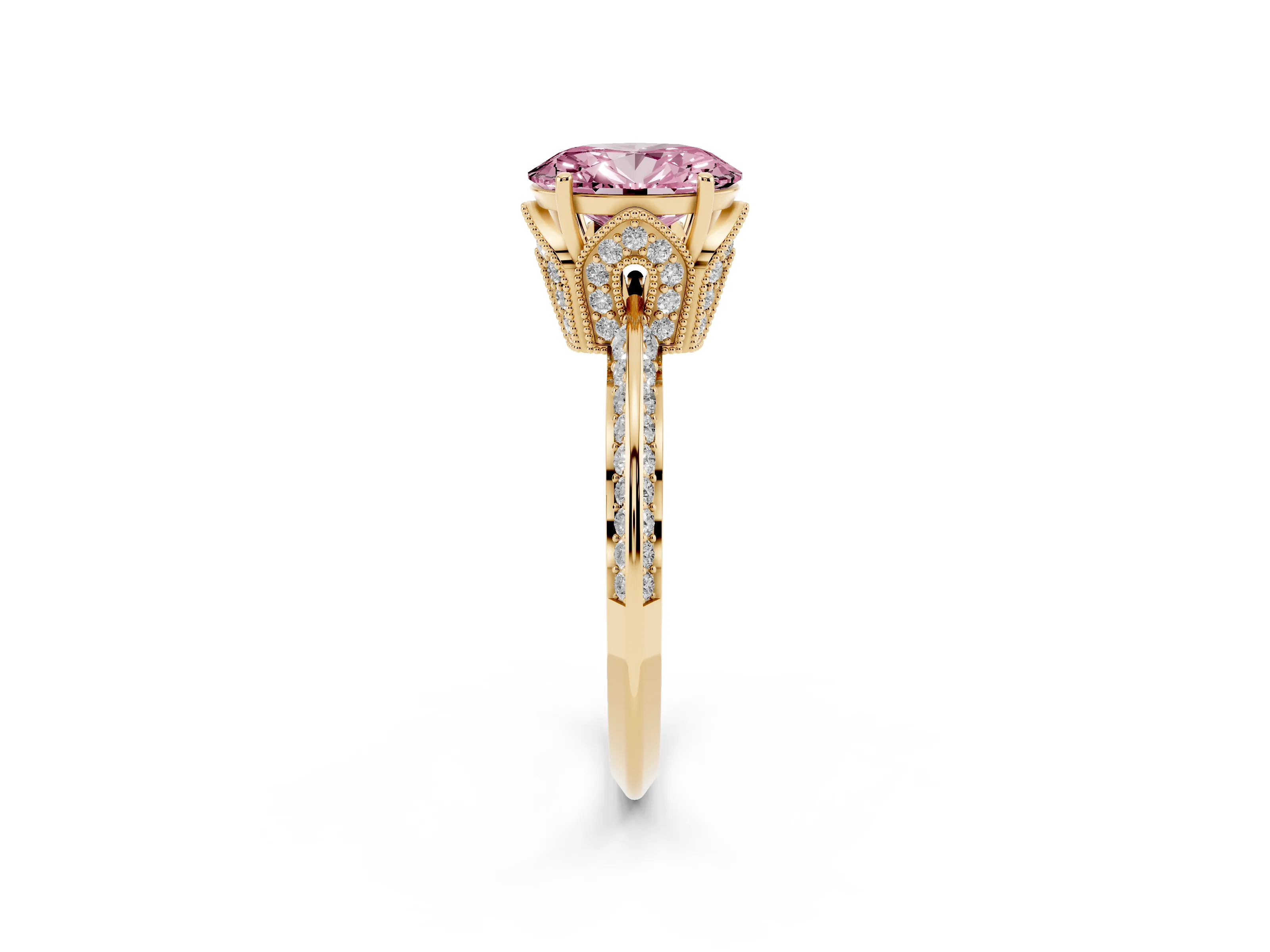 Fancy Pink Oval Cut Diamond Solitaire Engagement Ring Set in Yellow gold with Pavé Split Shank and Prong Setting