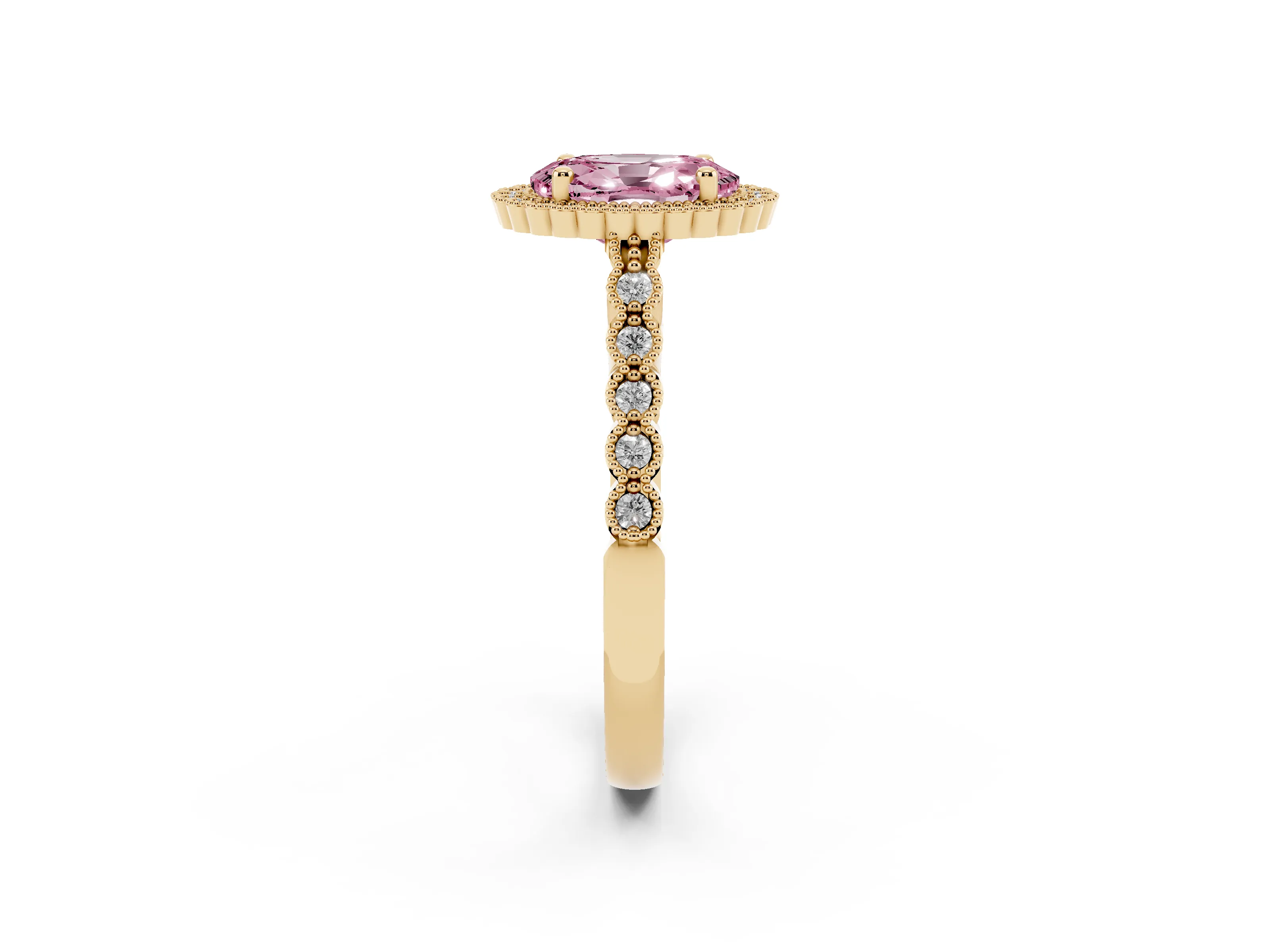 Fancy Pink Oval Cut Diamond Halo Ring Set in Yellow gold with Pavé Milgrain Band