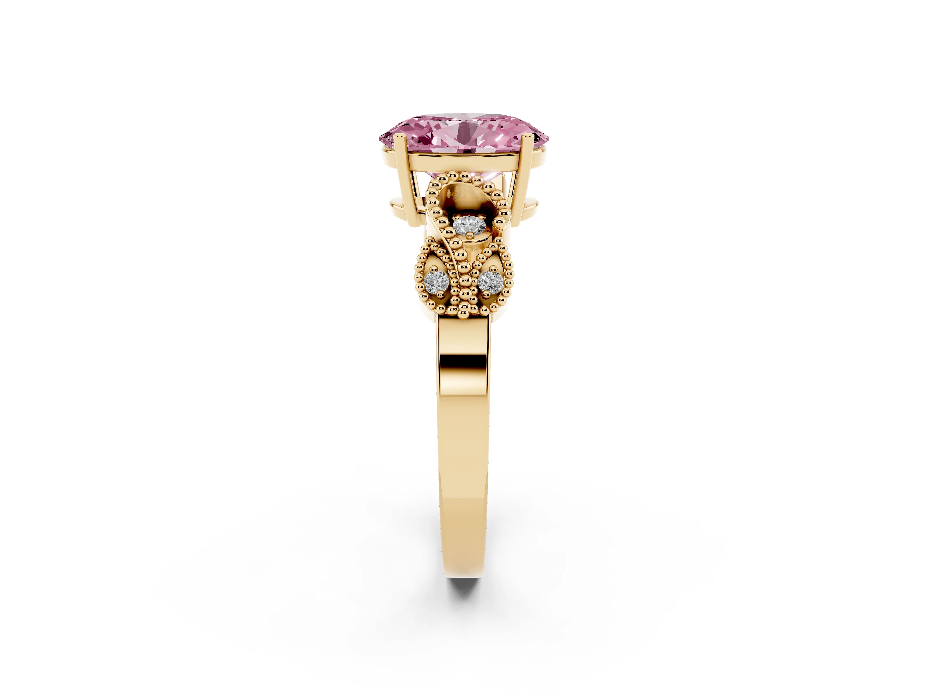 Fancy Pink Oval Cut Diamond Milgrain Leaf Band Solitaire Ring Set in Yellow gold with Accent Stones and Prong Setting