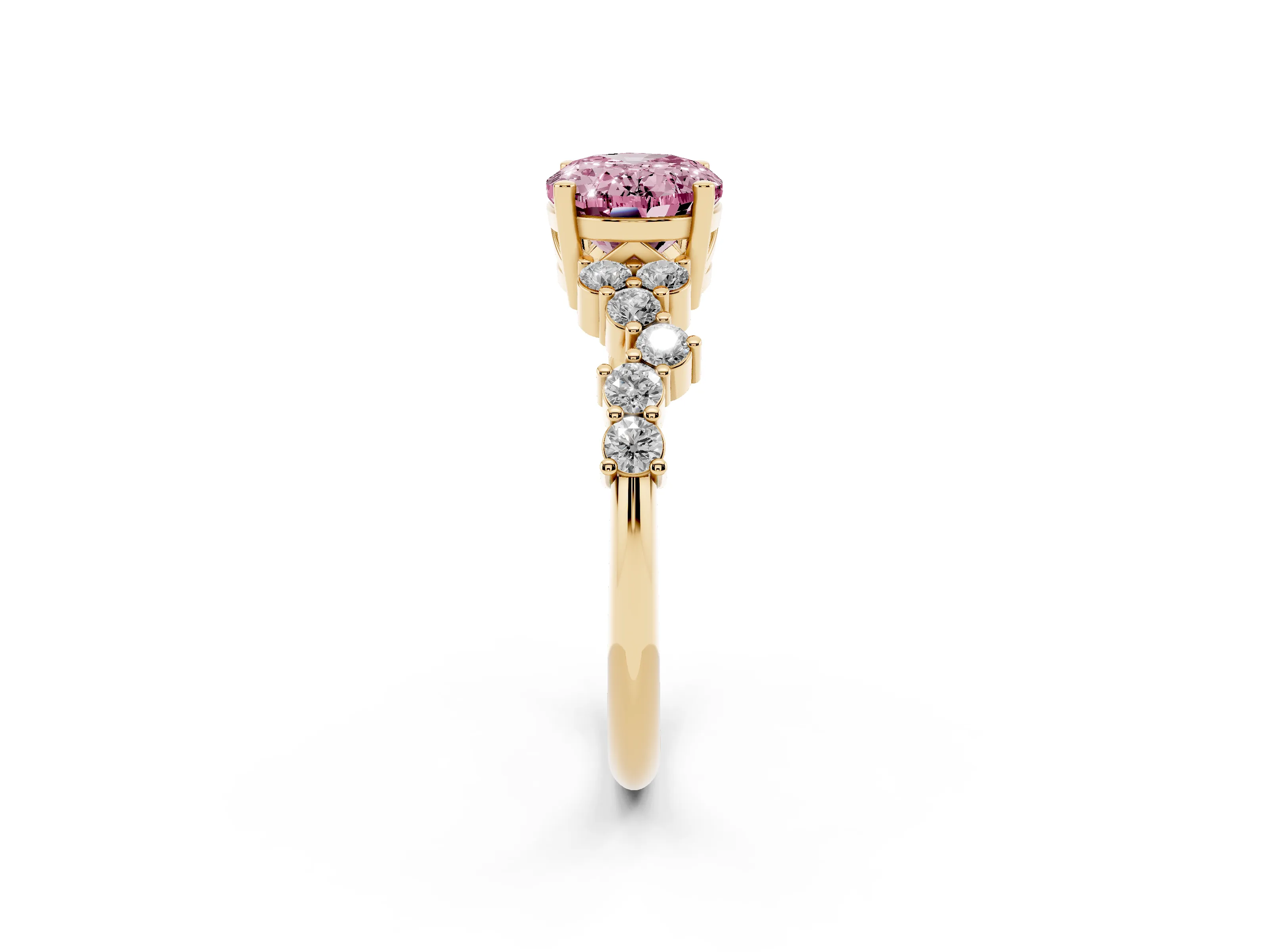 Fancy Pink Oval Cut Diamond Ring Set in Yellow gold with Scattered Round Accents