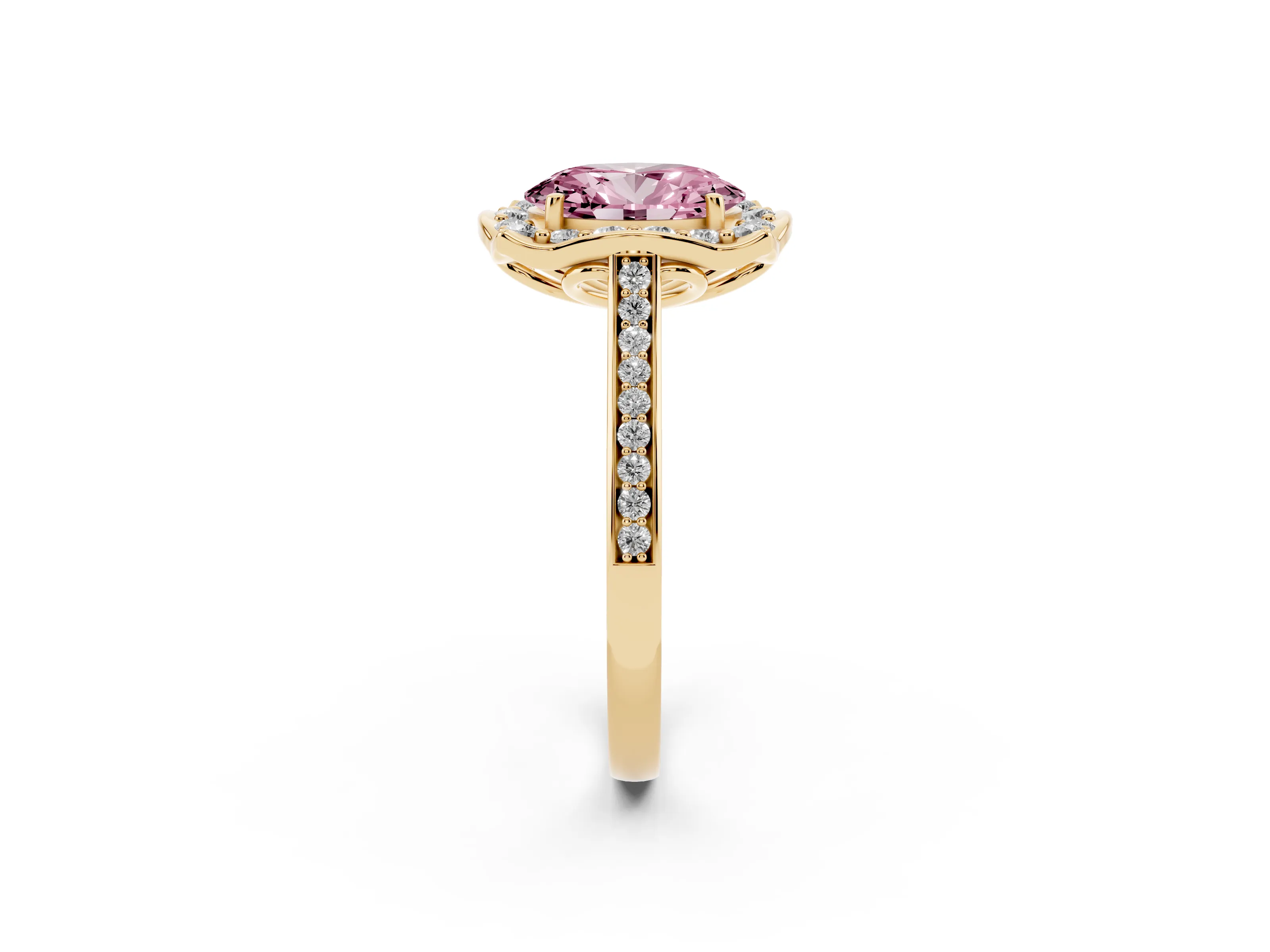 Fancy Pink Oval Cut Diamond Halo Ring Set in Yellow gold with Pavé-Lined Shoulders and Prong Setting