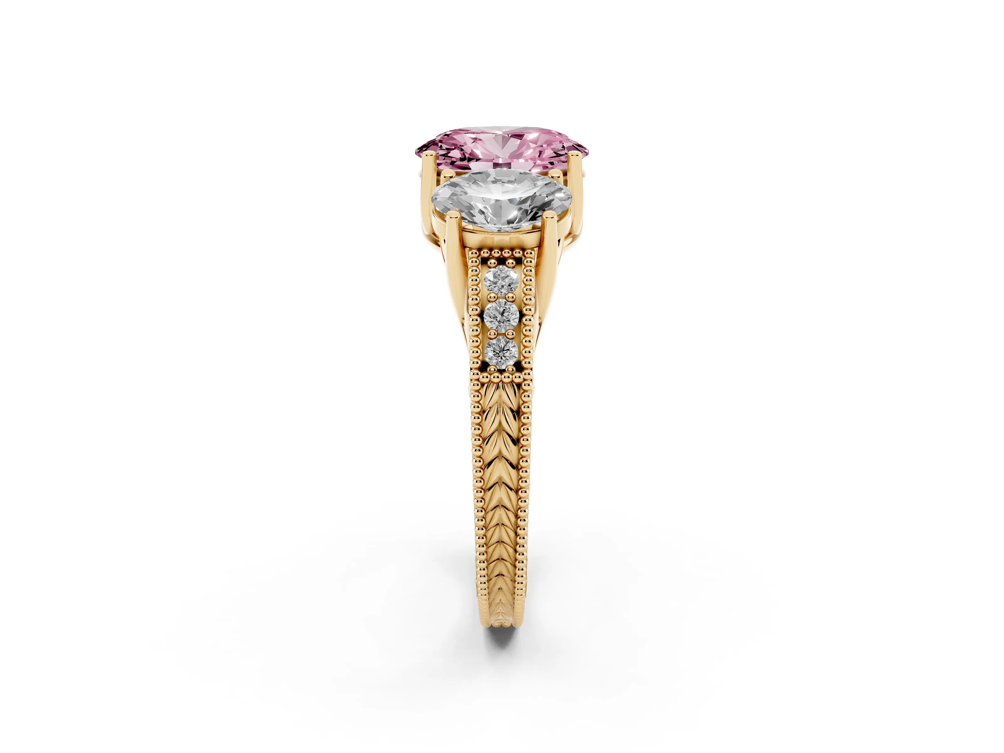 Fancy Pink Oval Cut Diamond Three-Stone Engagement Ring Set in Yellow gold with Milgrain Pavé Band