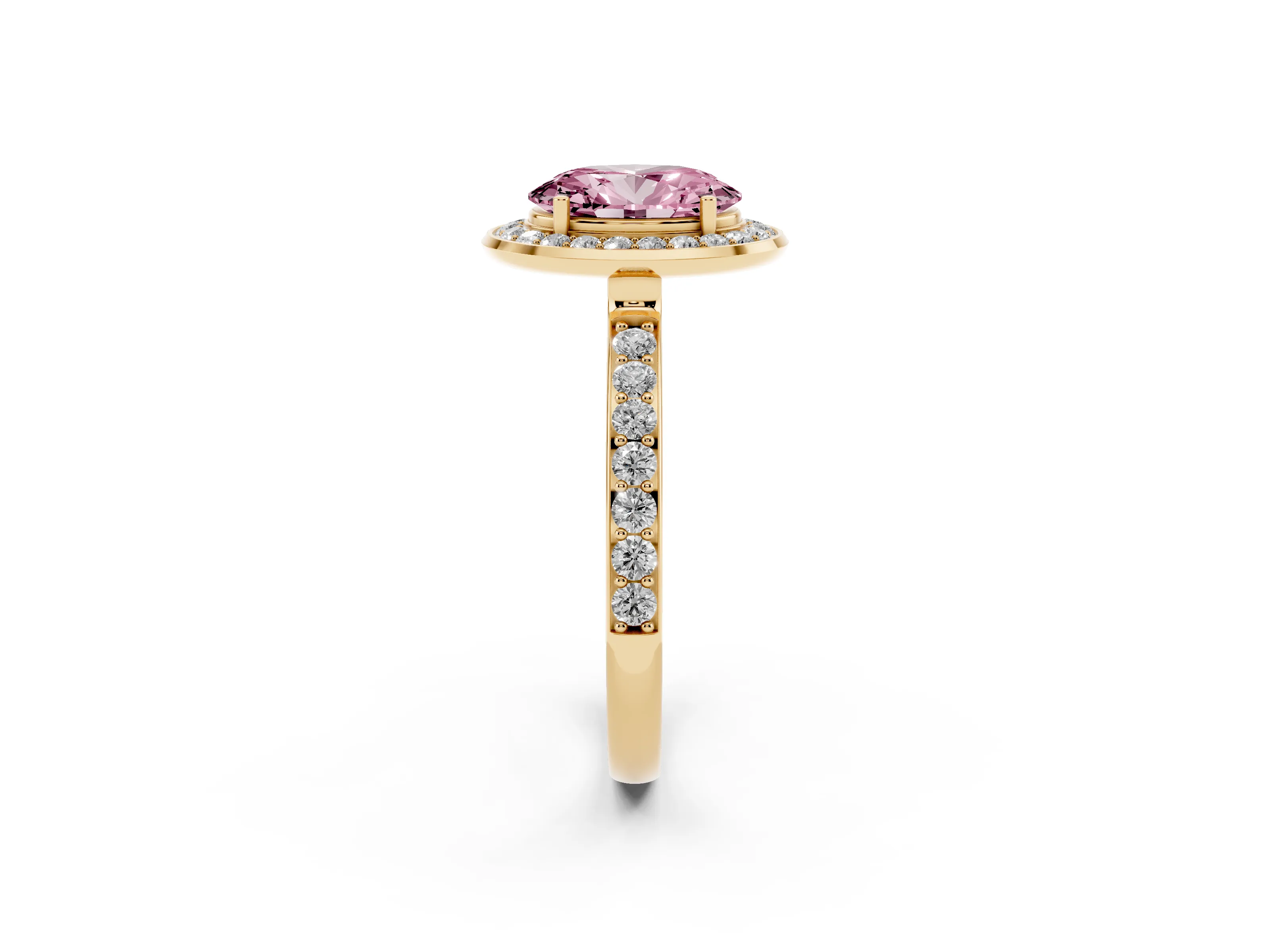 Fancy Pink Oval Cut Diamond Halo Ring Set in Yellow gold with Bezel Frame and Pavé Band
