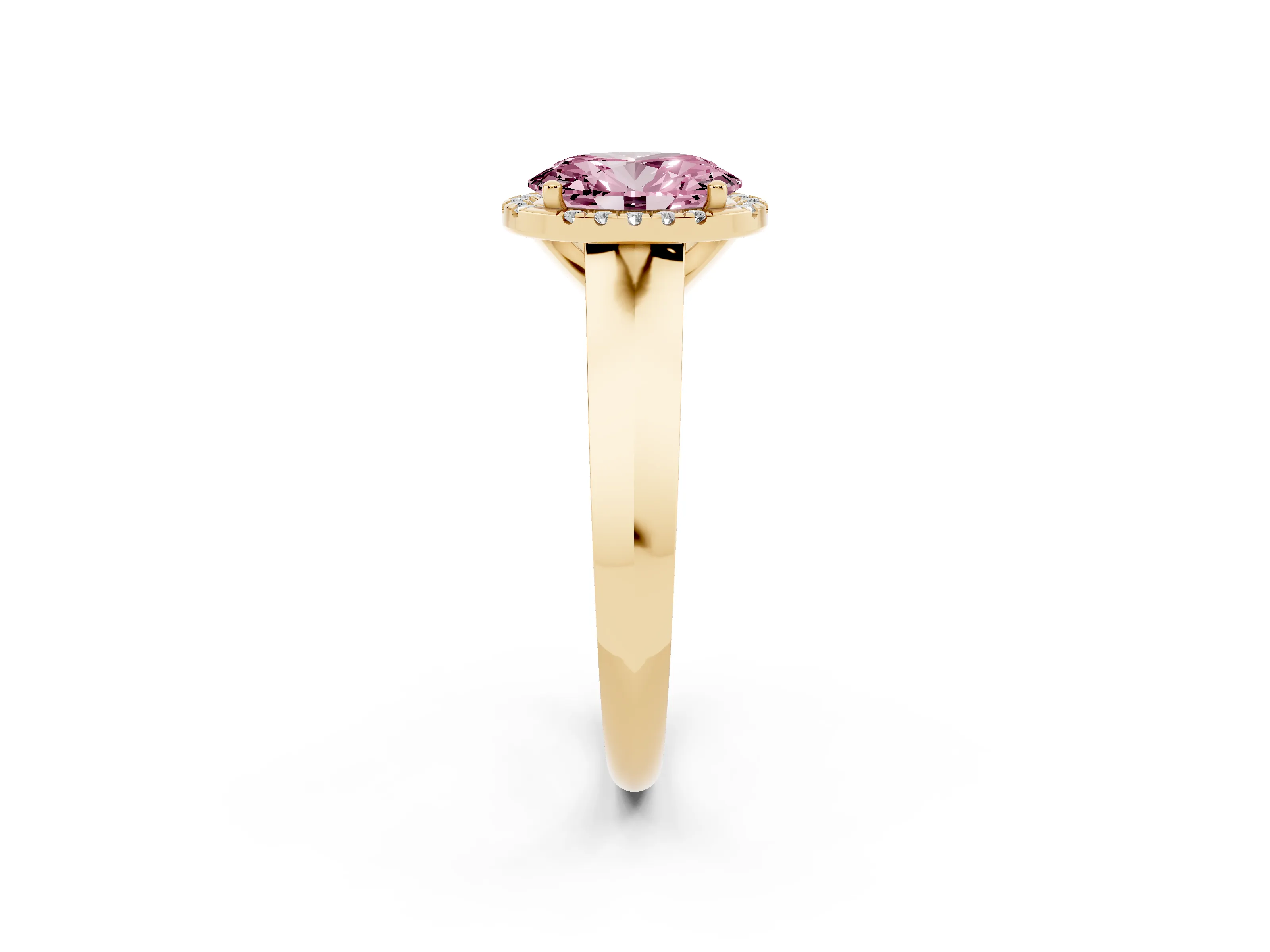 Fancy Pink Oval Cut Diamond Halo Ring Set in Yellow gold with Cathedral Band and Prong Setting