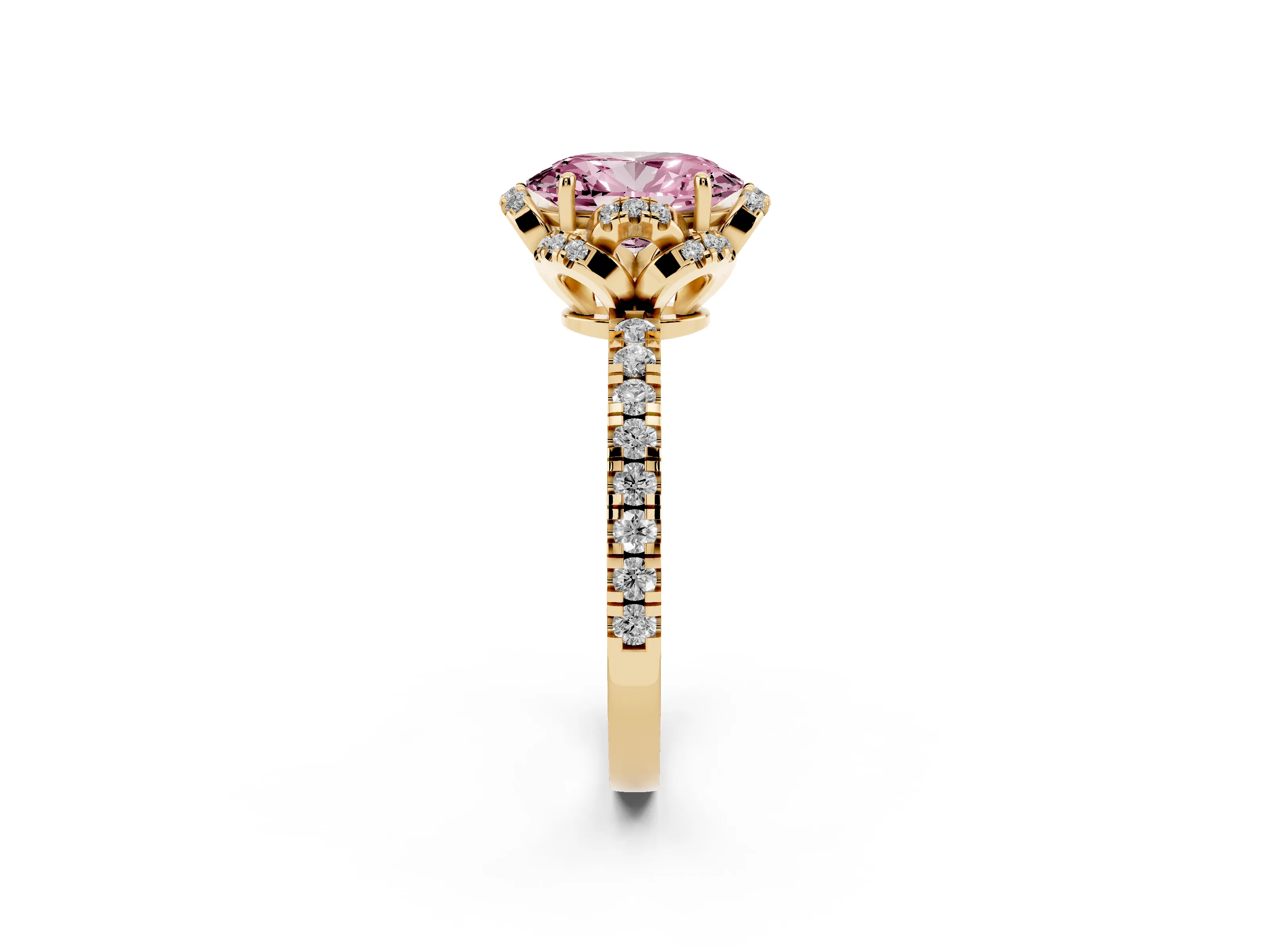 Fancy Pink Oval Cut Diamond Halo Pavé Band Ring Set in Yellow gold with Prong-Held Center
