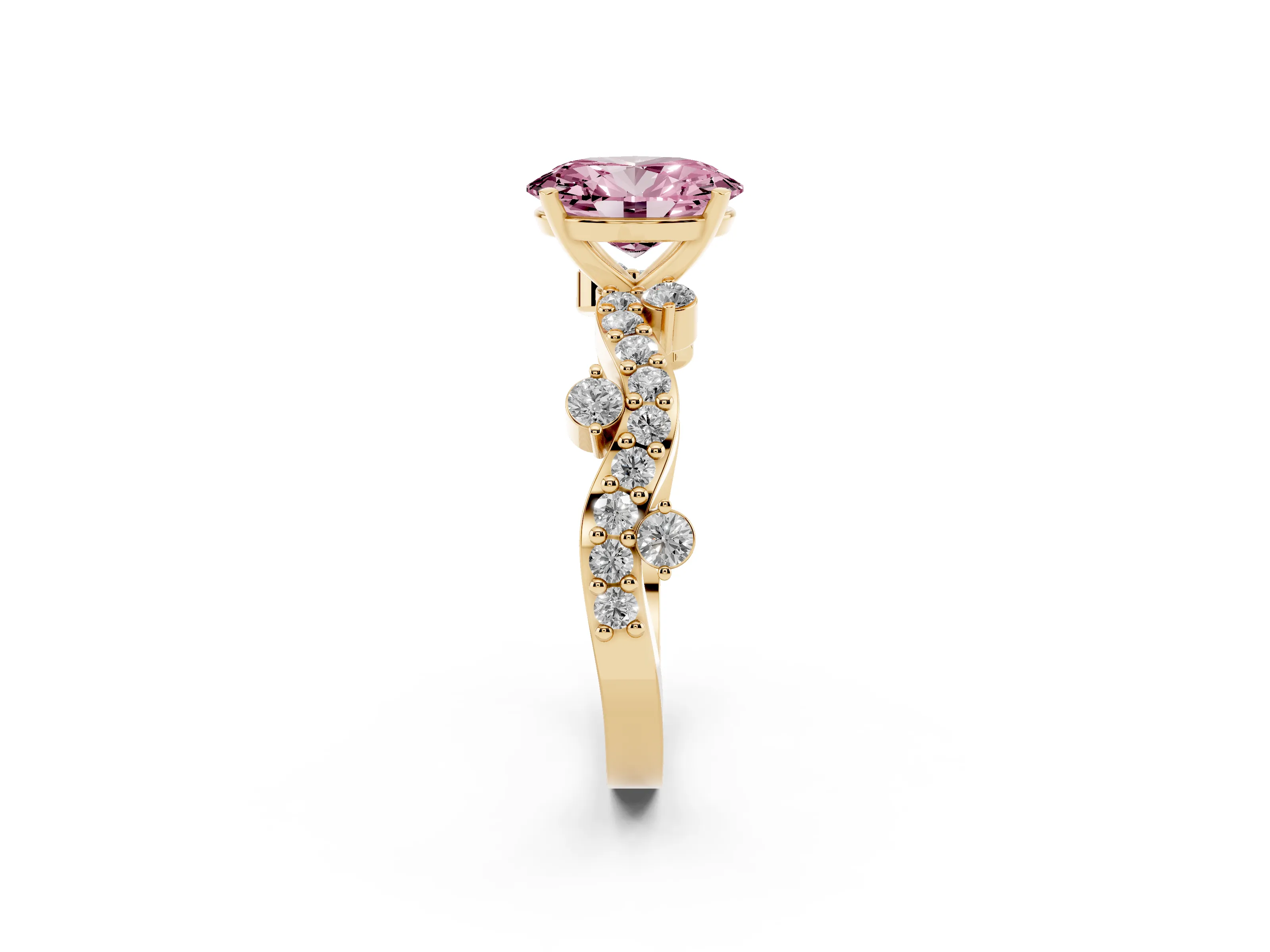 Fancy Pink Oval Cut Diamond Solitaire Twisted Band Set in Yellow gold with Pavé Setting