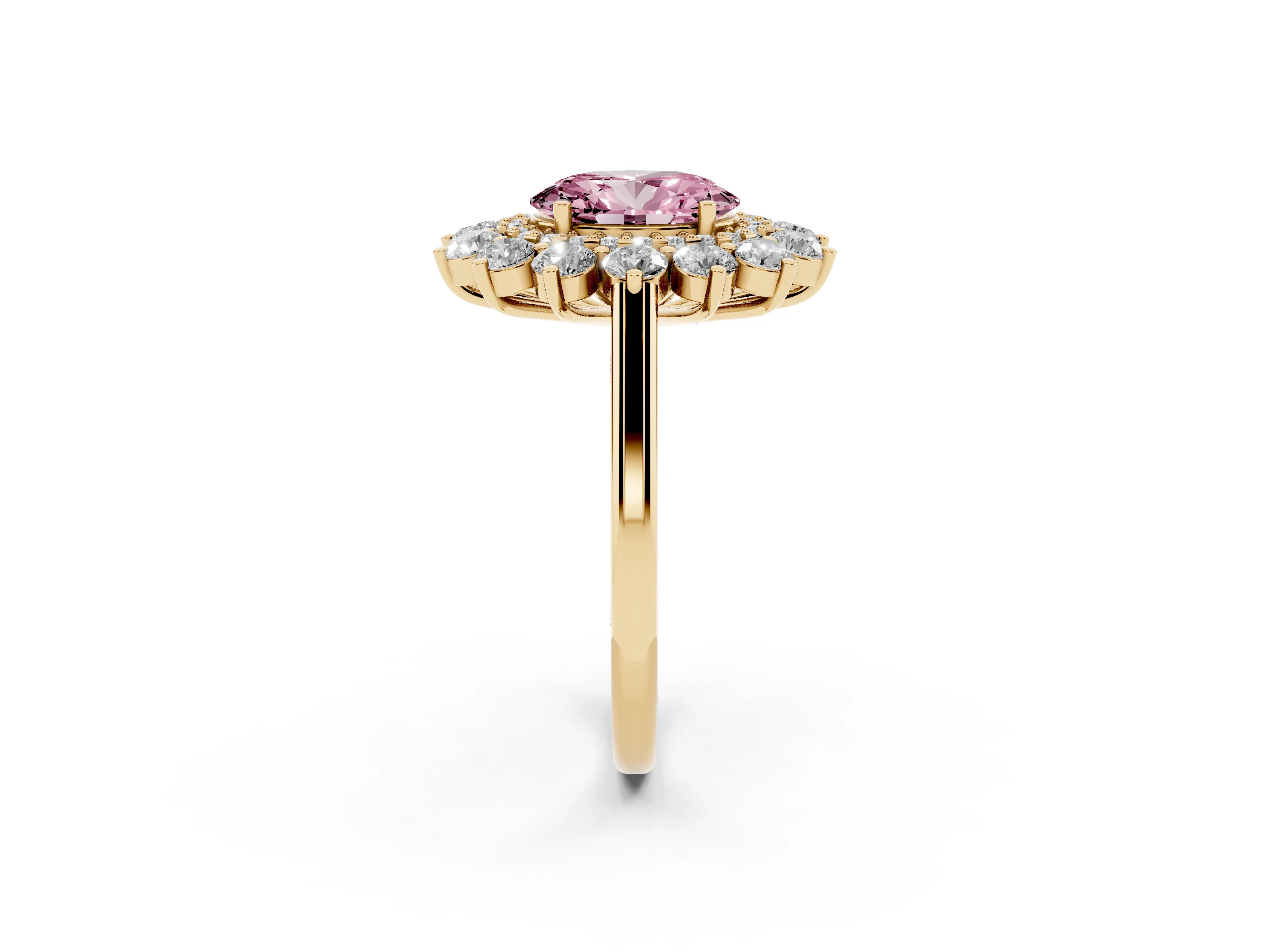 Fancy Pink Oval Cut Diamond Floral Double Halo Ring Set in Yellow gold with Round Petals
