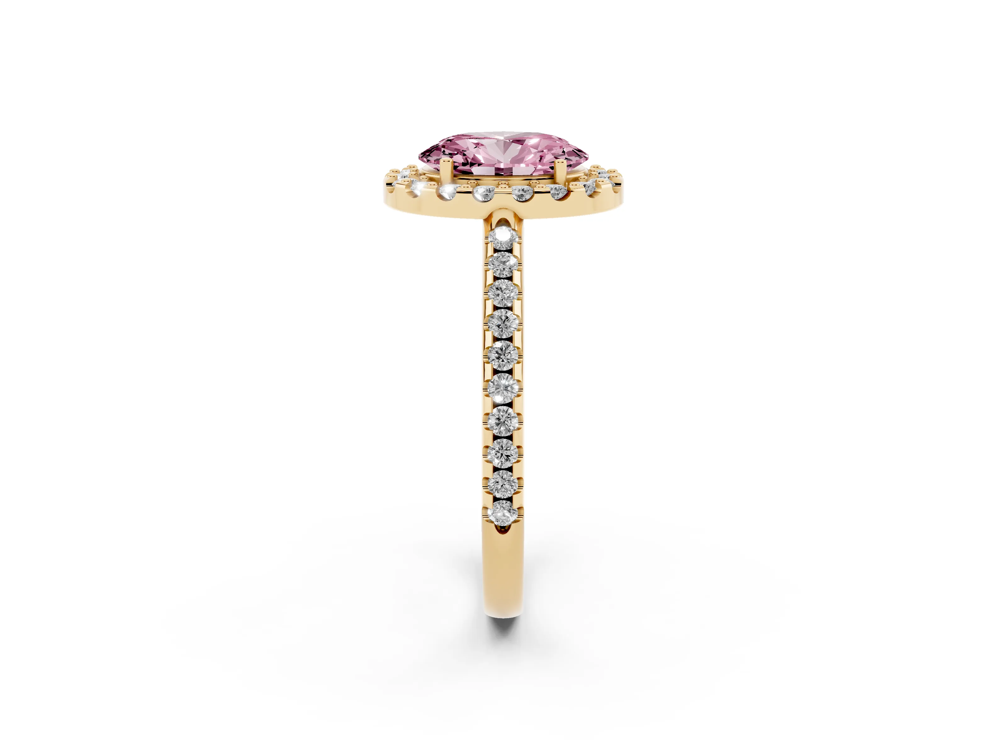 Fancy Pink Oval Cut Diamond Pavé Halo Ring Set in Yellow gold with Prong Setting