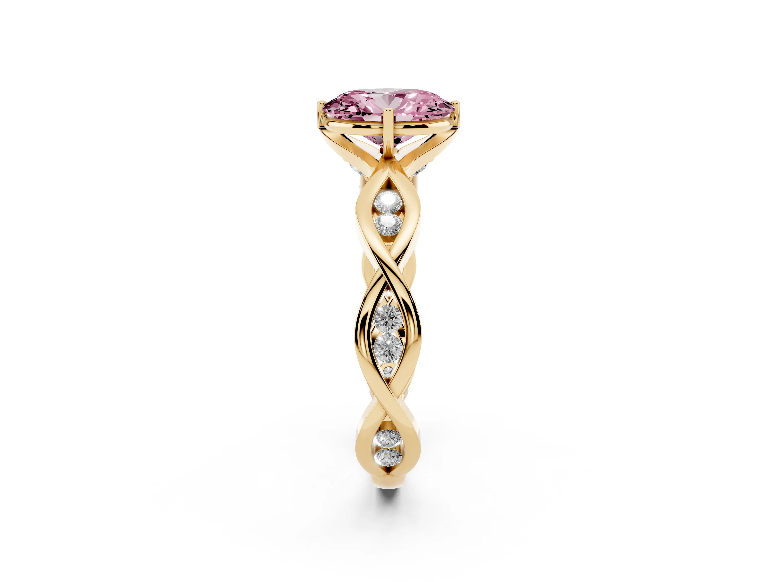 Fancy Pink Oval Cut Diamond Twist Band Solitaire Ring Set in Yellow gold with Leaf Prong Setting and Accent Stones