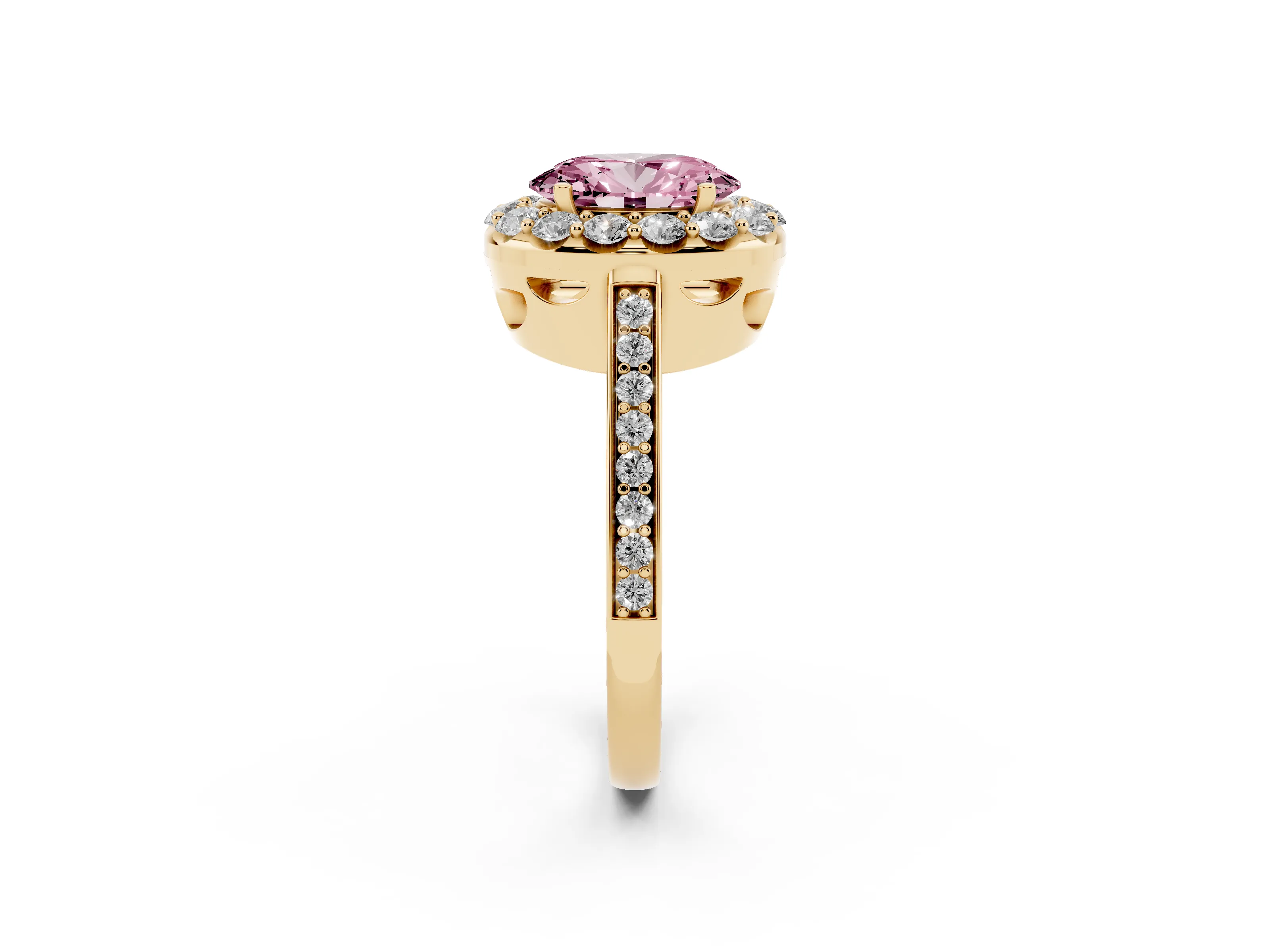 Fancy Pink Oval Cut Diamond Floral Halo Ring Set in Yellow gold with Pavé Band and Prong Setting