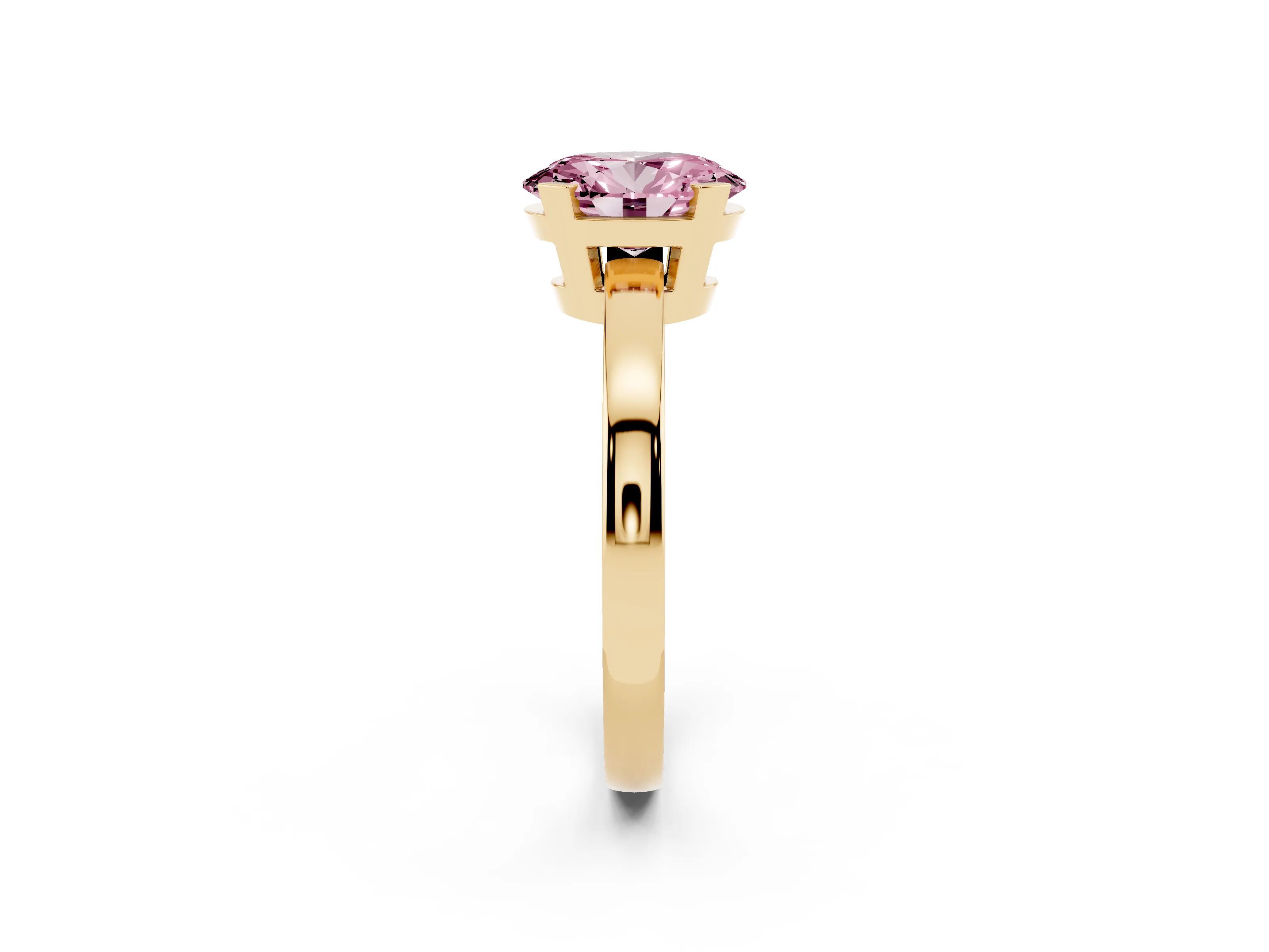 Fancy Pink Oval Cut Diamond Solitaire Ring Set in Yellow gold with Prong Head and Smooth Polished Band