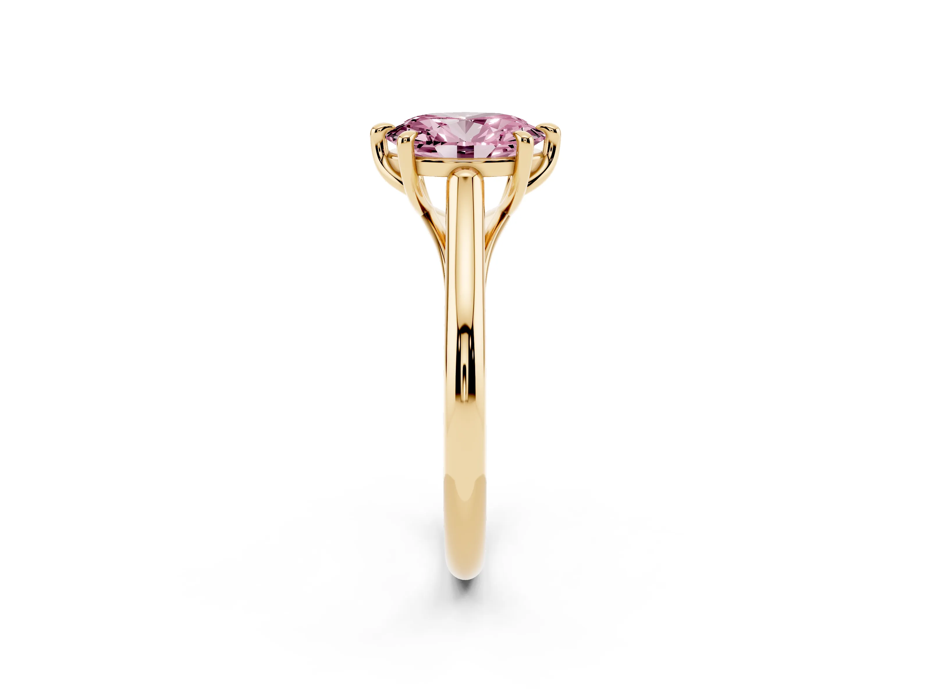 Fancy Pink Oval Cut Diamond Solitaire Engagement Ring Set in Yellow gold with Prong Setting and Plain Classic Band
