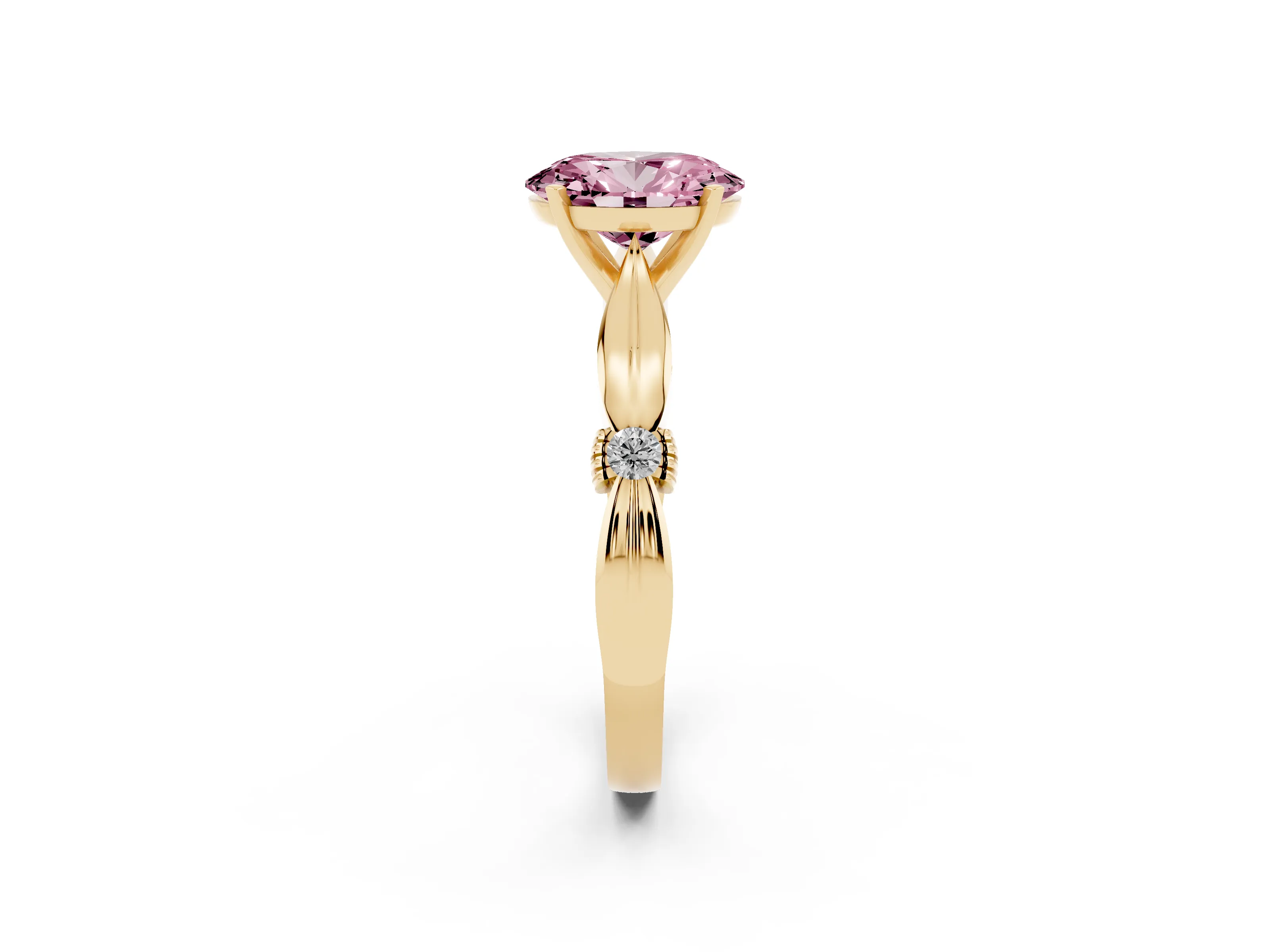 Fancy Pink Oval Cut Diamond Solitaire Twisted Band Ring Set in Yellow gold with Accent Stones and Prong Setting
