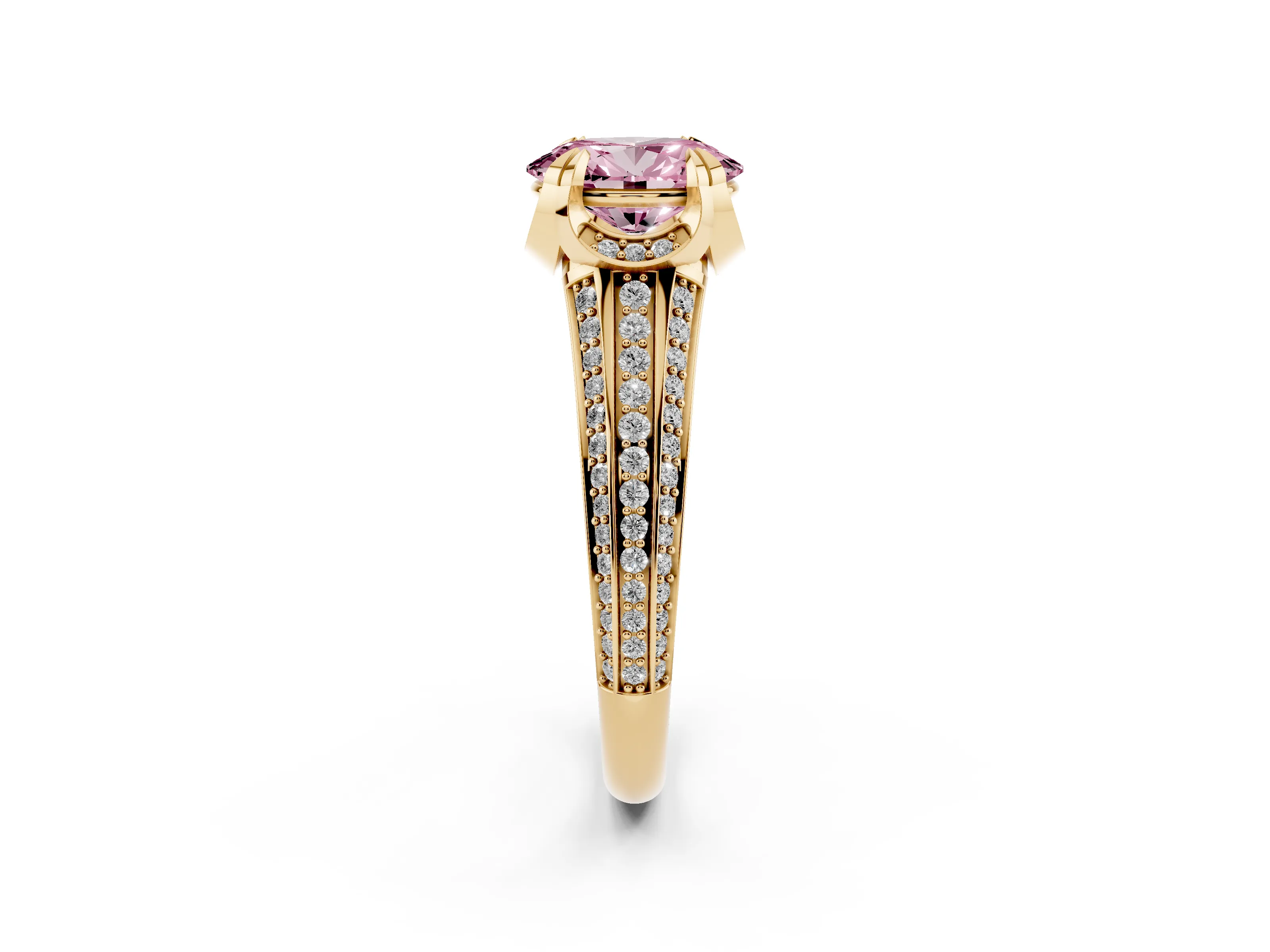 Fancy Pink Oval Cut Diamond Pavé Split Shank Solitaire Ring Set in Yellow gold with Prong Setting