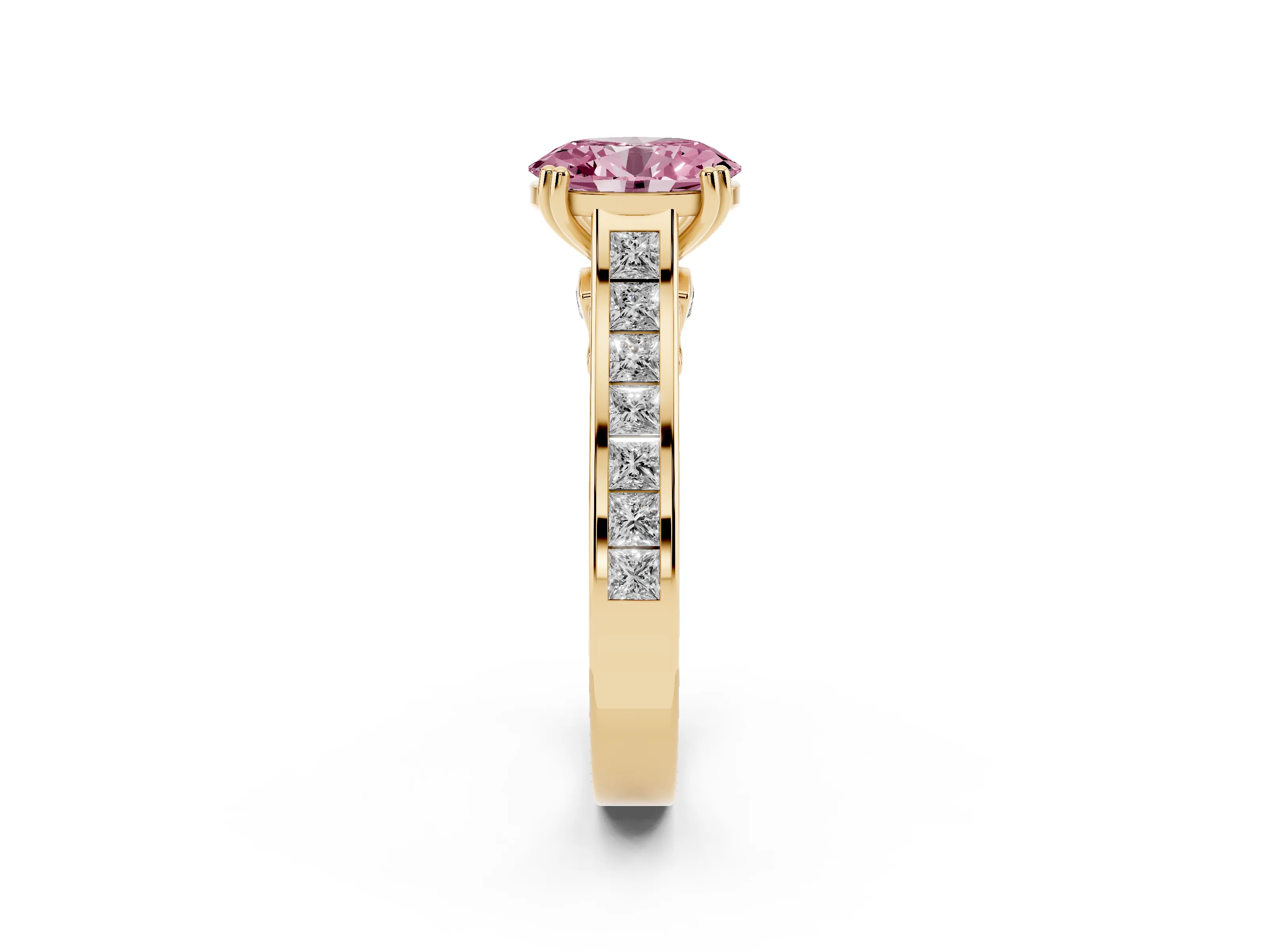 Fancy Pink Oval Cut Diamond Channel Set Solitaire Engagement Ring Set in Yellow gold with Prong Setting